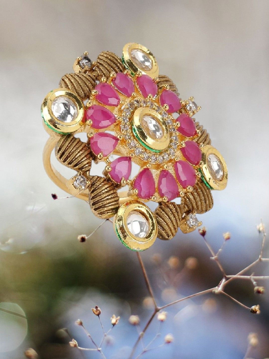 

Anouk Gold Plated American Diamond & Kundan Stone Studded Finger Ring