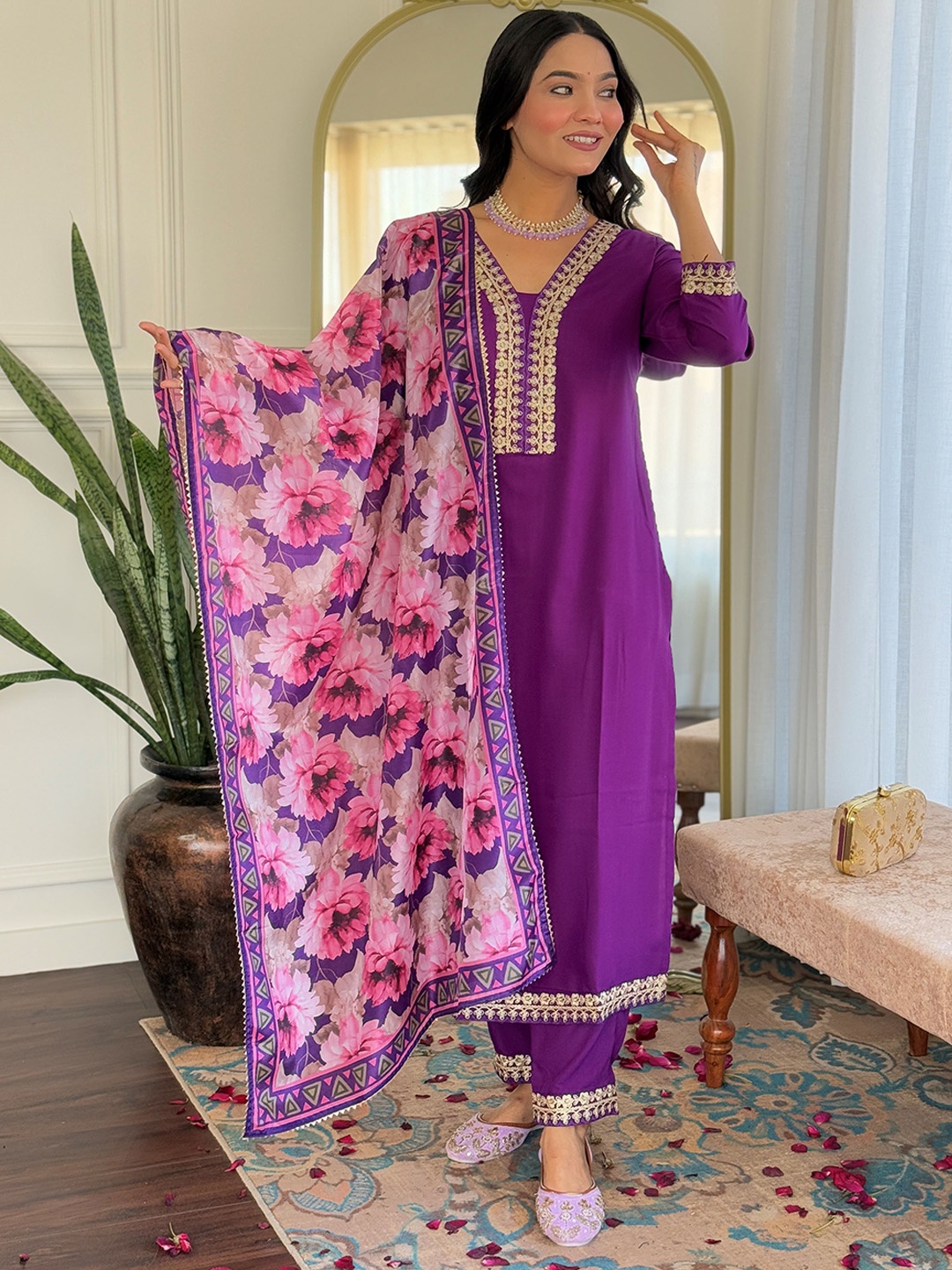 

KALINI Yoke Design V-Neck Straight Kurta with Trousers And Dupatta, Purple