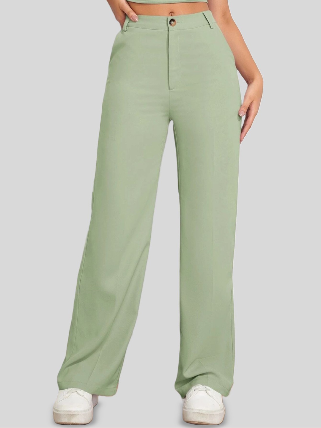 

FNOCKS Women Relaxed Fit Flared High-Rise Trousers, Green