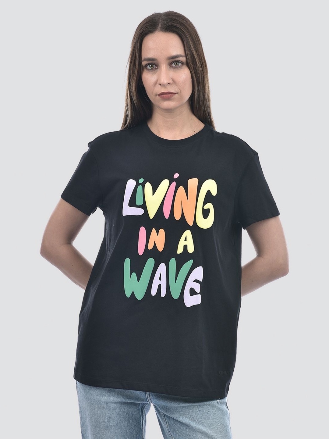 

ONLY Women Typography Printed Round Neck Cotton Oversized T-shirt, Charcoal
