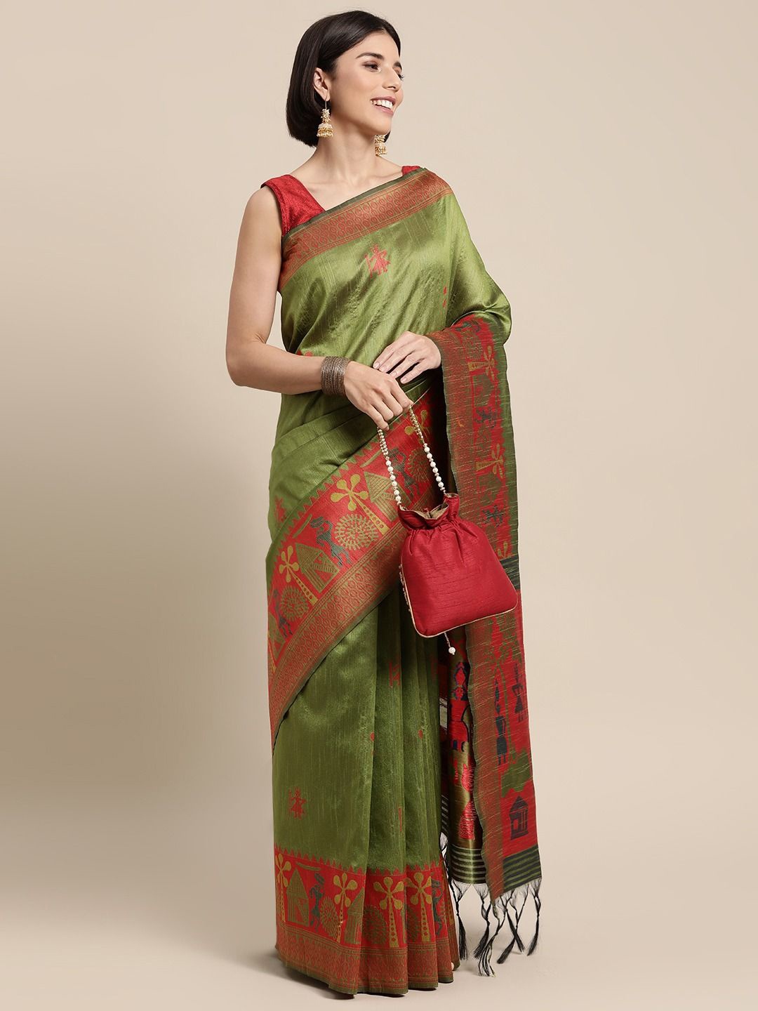 

DIVASTRI Ethnic Motifs Woven Design Zari Saree, Green