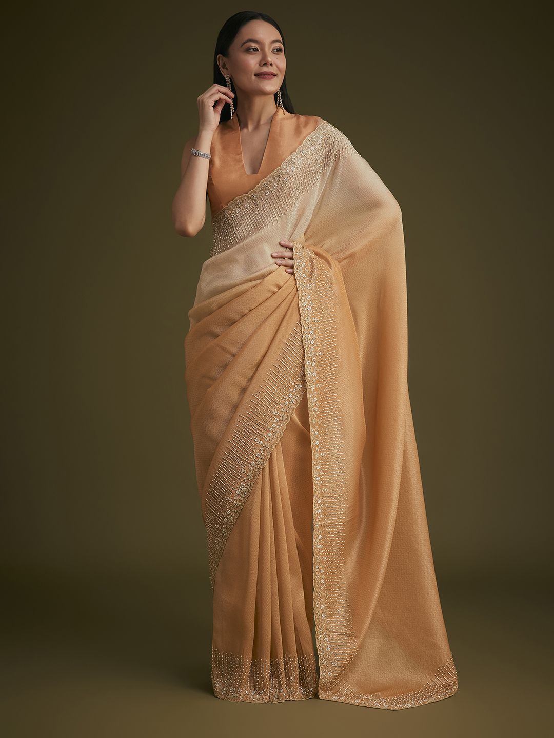 

KALKI Fashion Womens Ombre Embellished Sequinned Saree, Orange