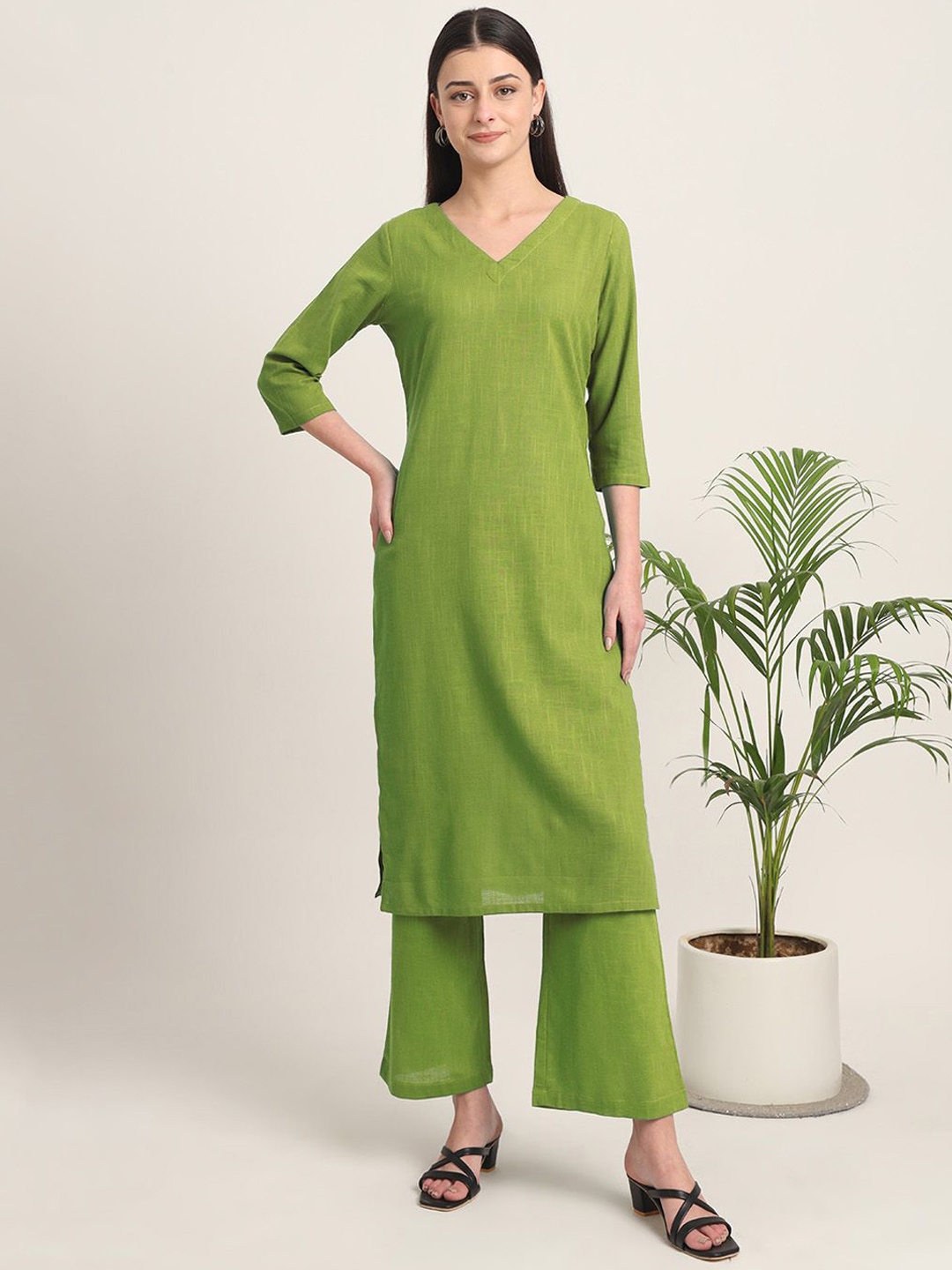 

Thevasa V-Neck Pure Cotton Tunic With Trousers, Green