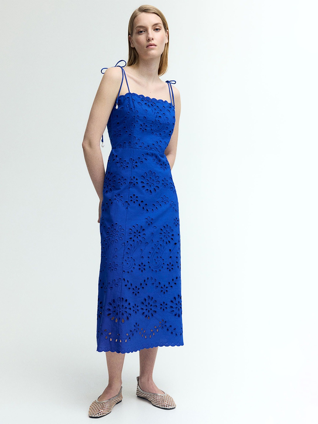 

H&M Tie-Strap Broderie Anglaise Dress, Blue