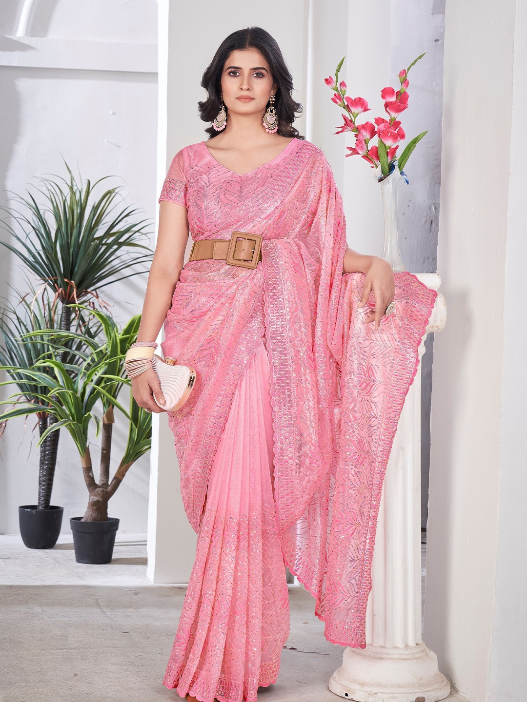 

Vintro Embroidered Sequinned Tissue Saree, Pink