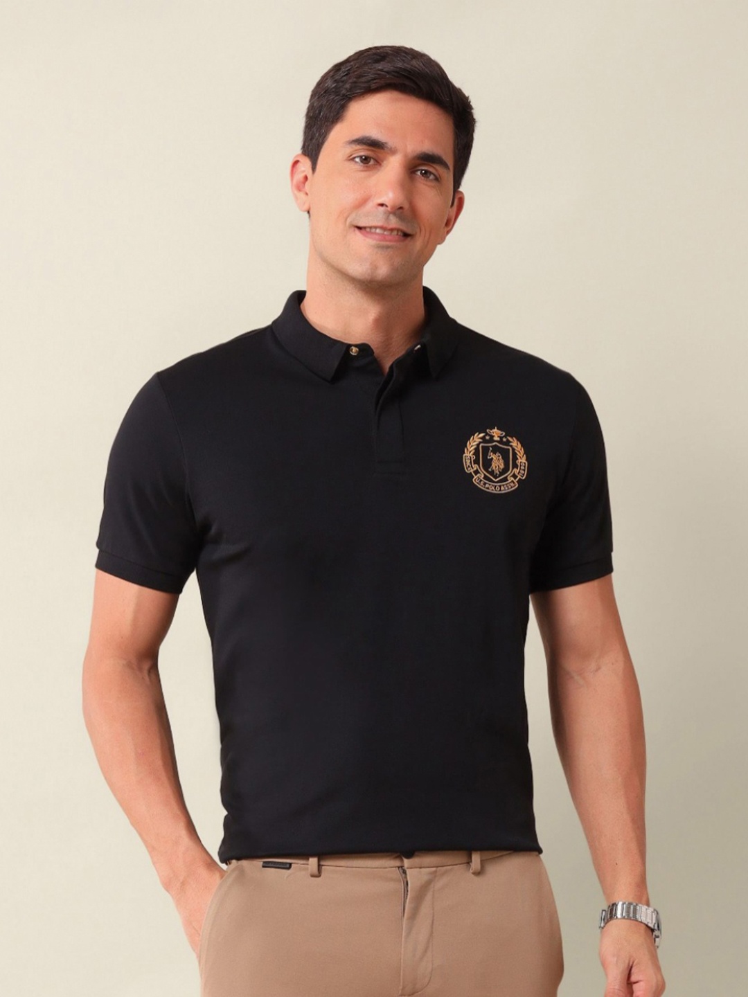 

U.S. Polo Assn. Men Brand Logo Printed Polo Collar Cotton Slim Fit T-shirt, Black
