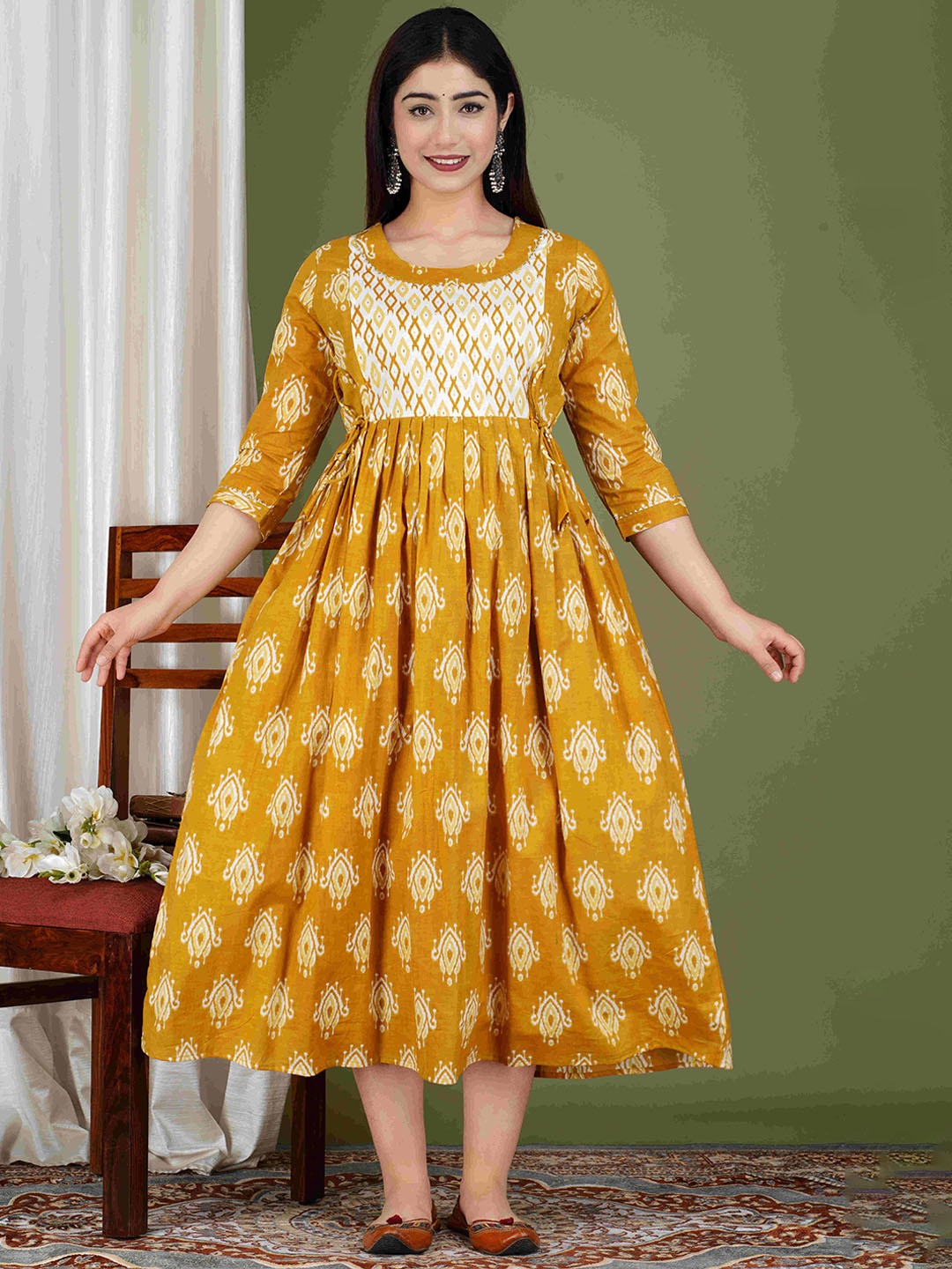 

SILAKIVA Ethnic Motifs Printed Gathered Fit and Flare Maternity Dress, Yellow