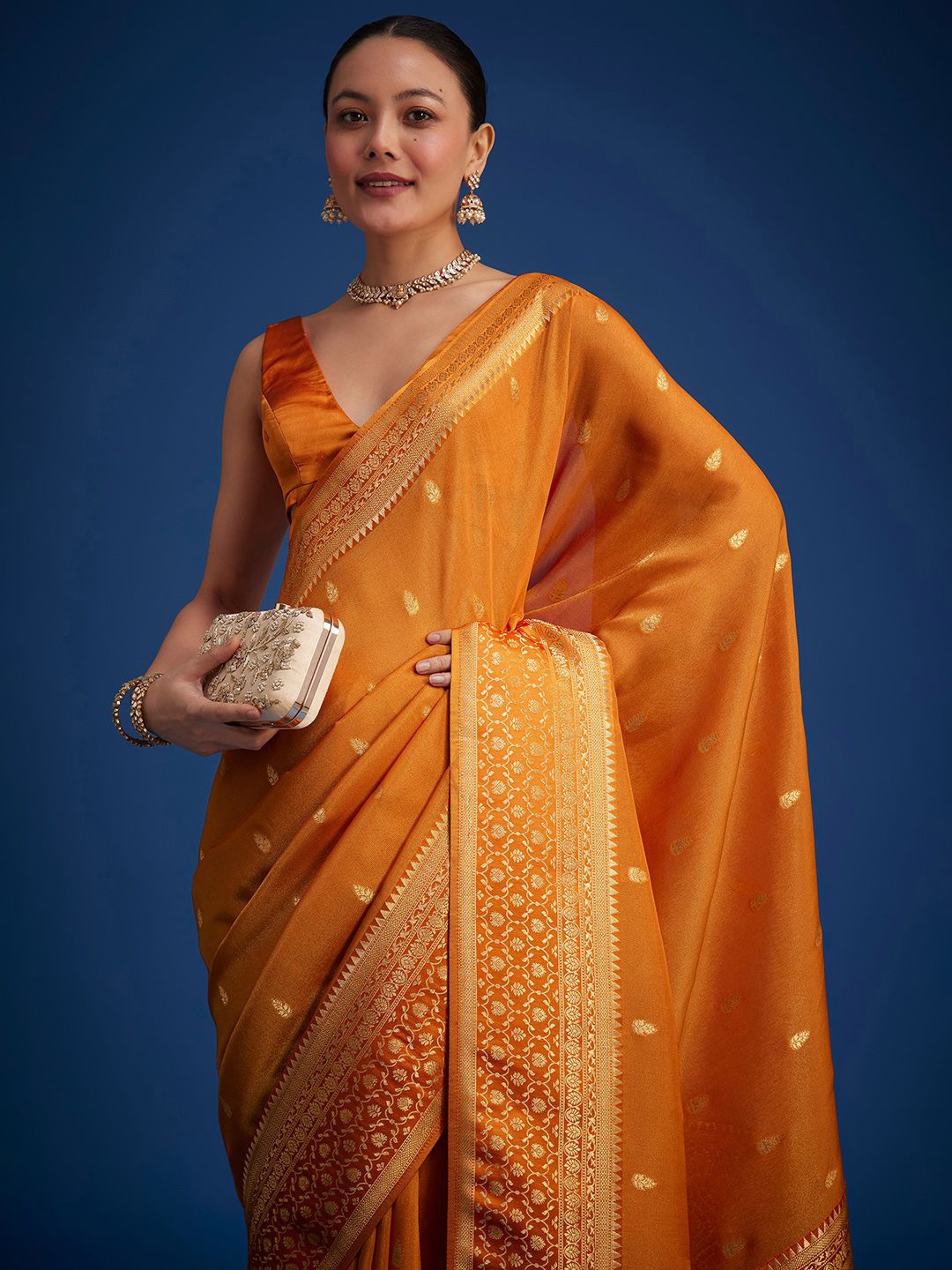 

KALKI Fashion Floral Tissue Saree With Zari Border And Butti Work, Orange
