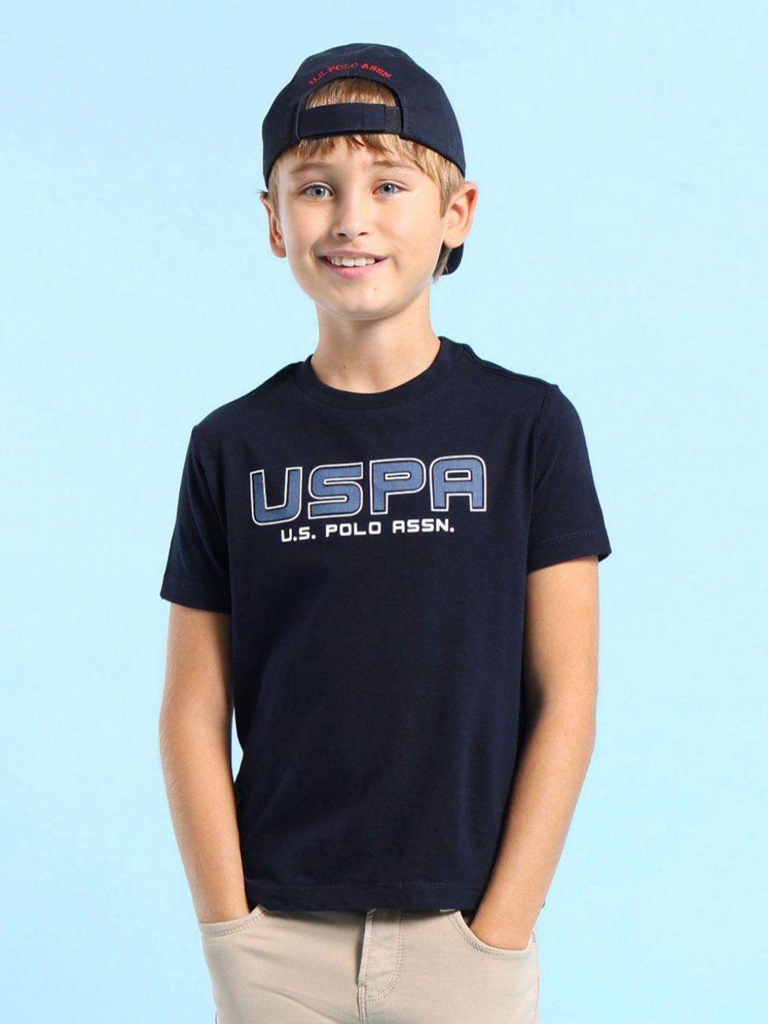 

U.S. Polo Assn. Kids Boys Typography Printed Round Neck Cotton T-shirt, Navy blue