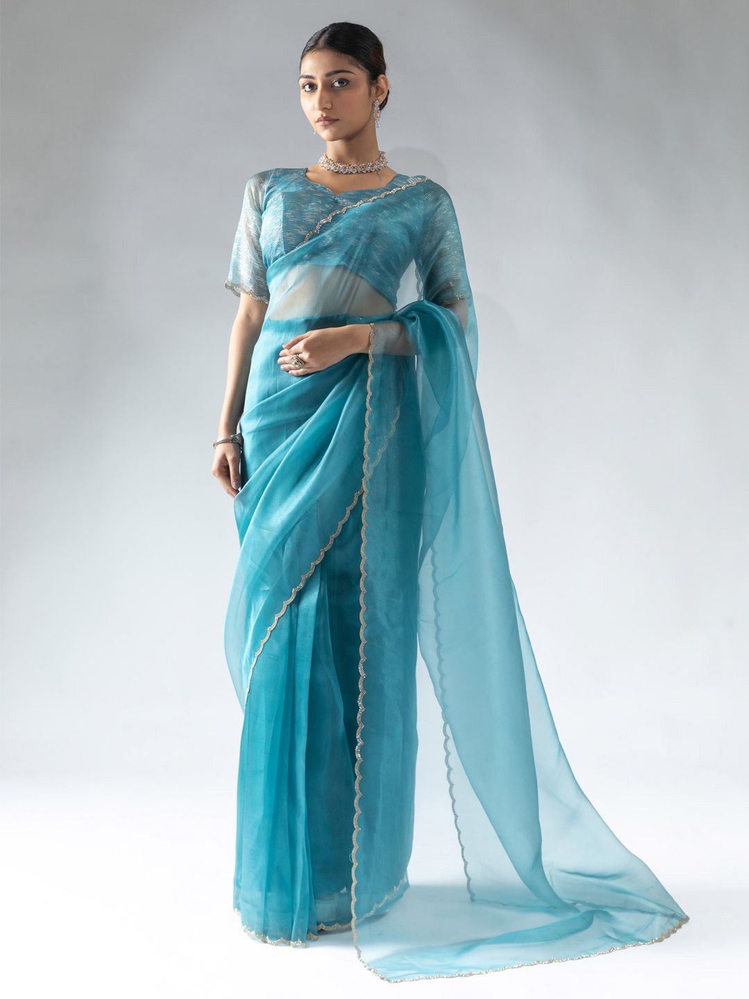 

Saree mall Embellished Beads and Stones Organza Ready to Wear Sarees, Blue