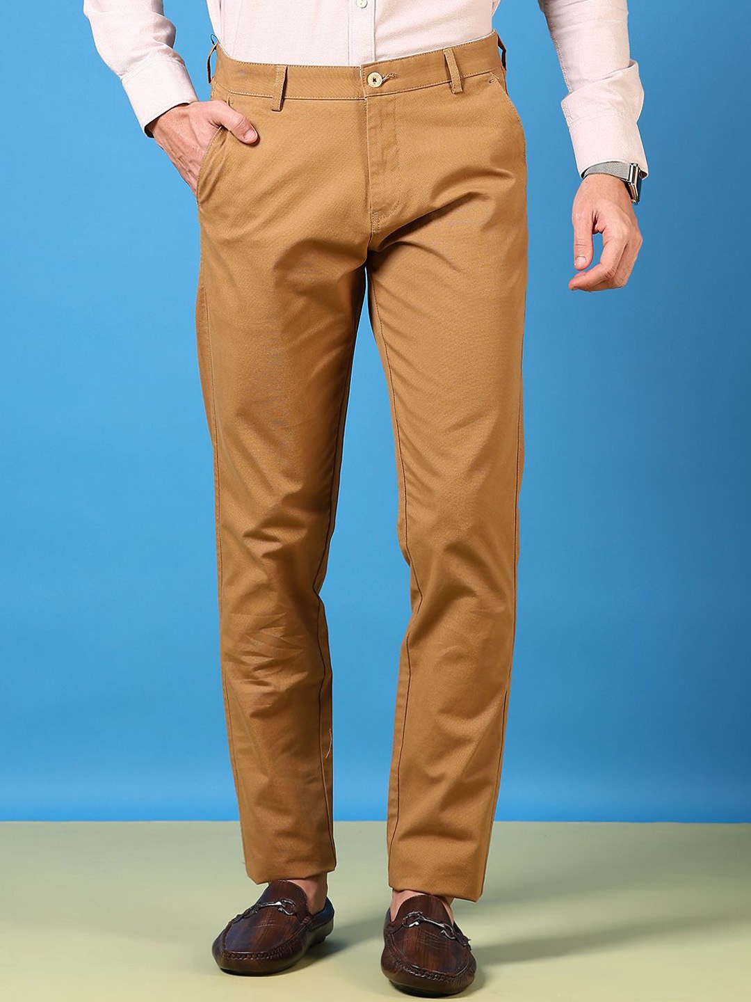 

V-Mart Men Solid Cotton Twill Formal Trousers, Khaki