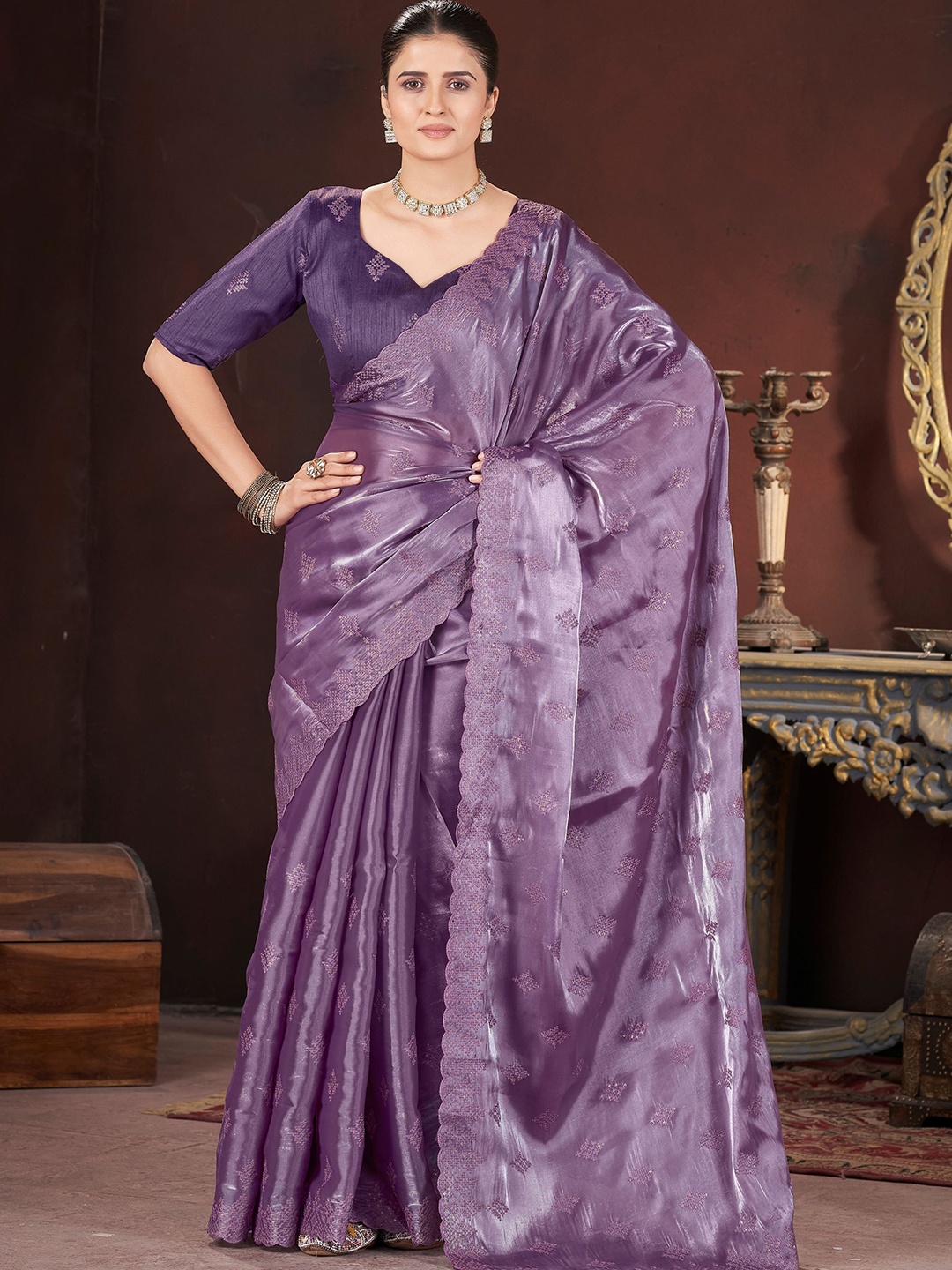 

Vintro Embellished Embroidered Pure Silk Saree, Purple