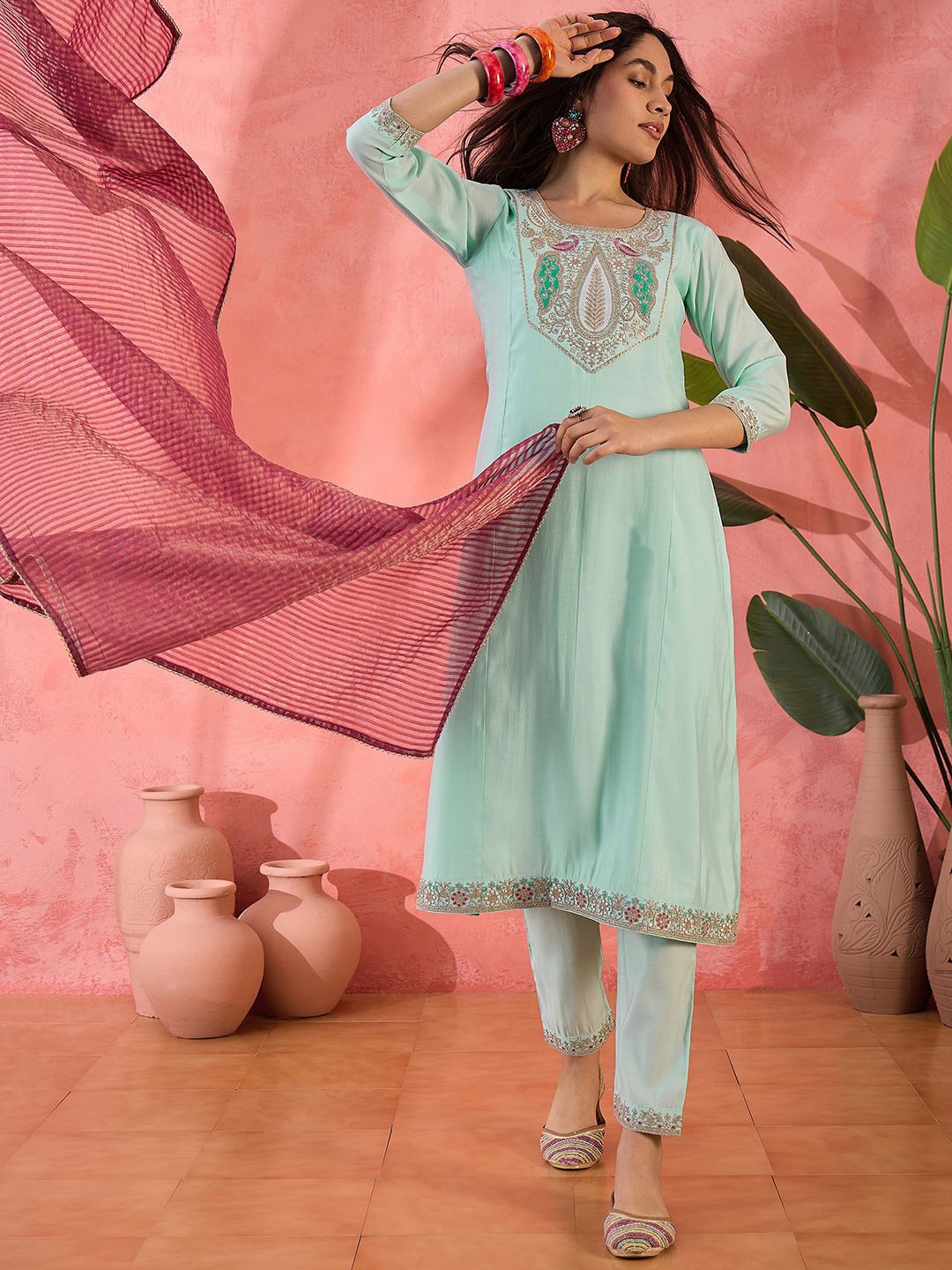 

Sangria Zari Sequence Embroidered Kurta Trousers with Dupatta Set, Sea green