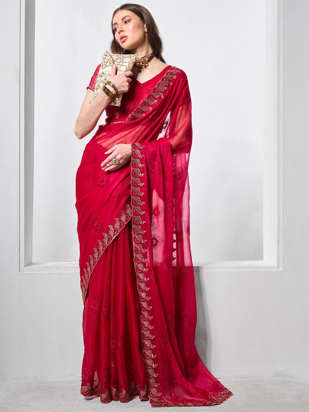 

ODETTE Red Chiffon Embroidered Saree With Unstitched Blouse For Women