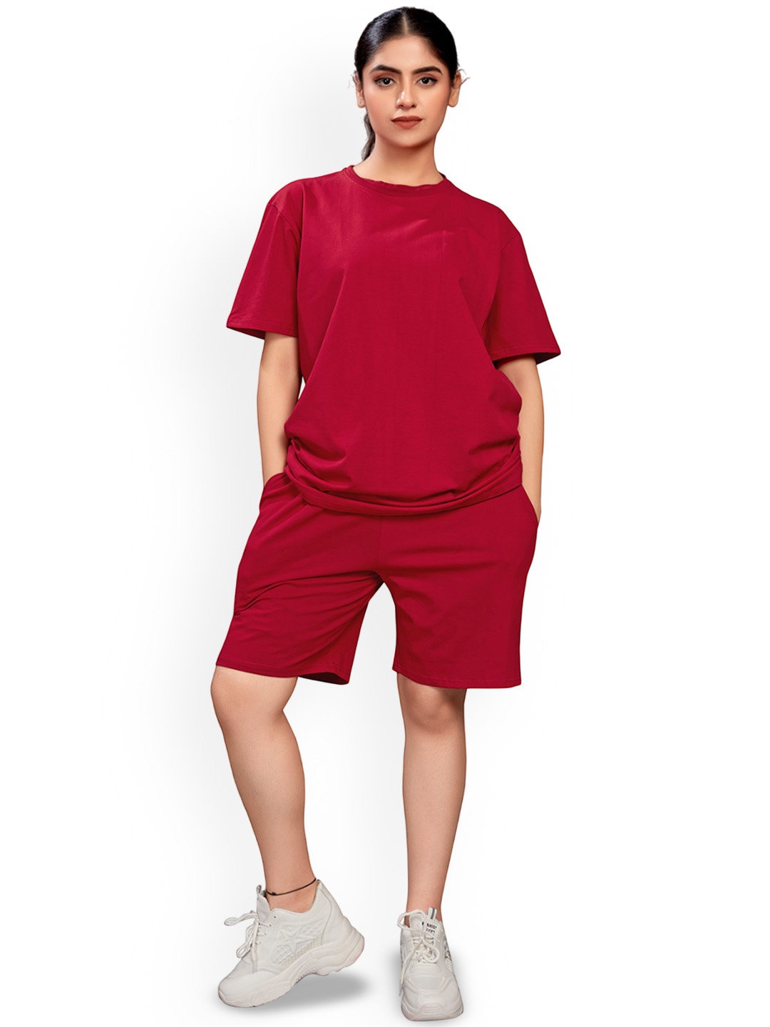 

ELLITI Women Pure Cotton Round Neck Half Sleeves T-shirt With Shorts Co-Ords, Maroon