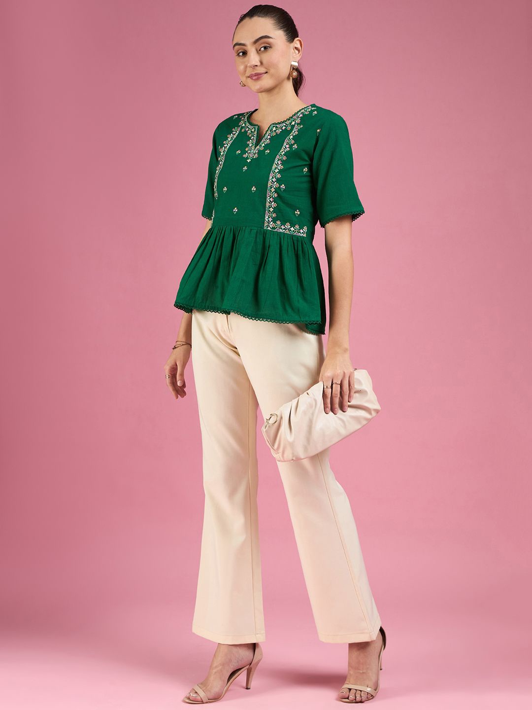 

all about you Floral Embroidered Cotton Peplum Top, Green