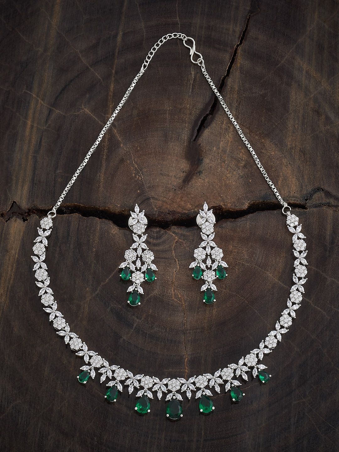 

Kushal's Fashion Jewellery Green Rhodium-Plated CZ Studded Party Jewellery Set, Silver