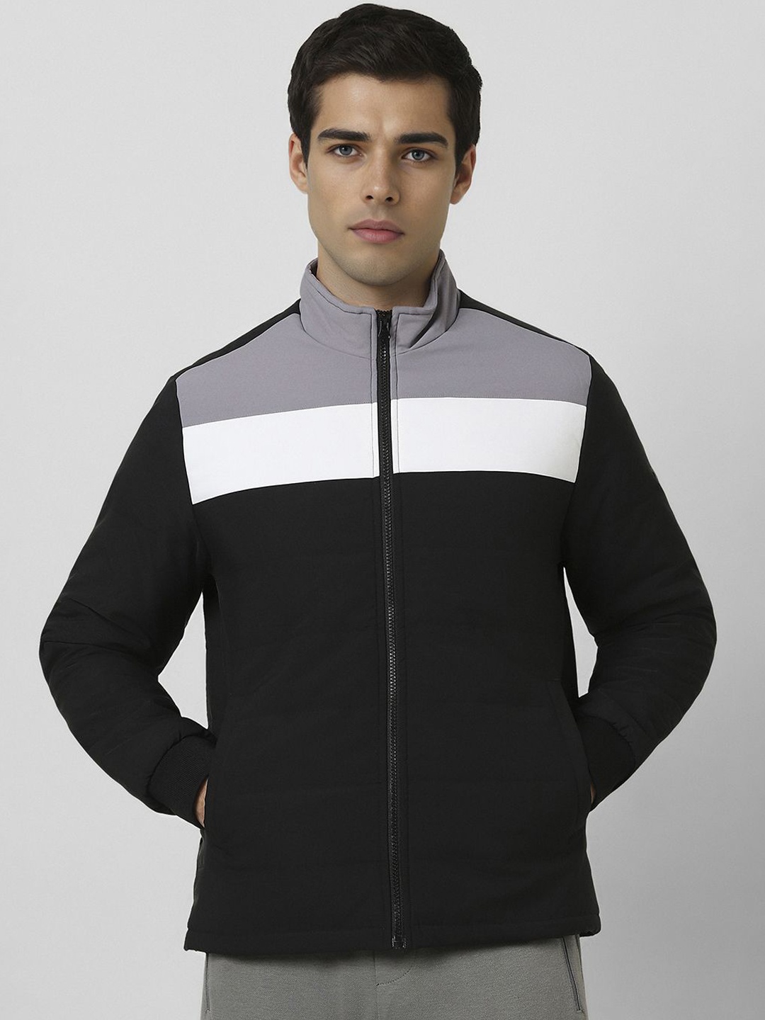 

Van Heusen Flex Men Mock Collar Colourblocked Casual Bomber Jacket, Black