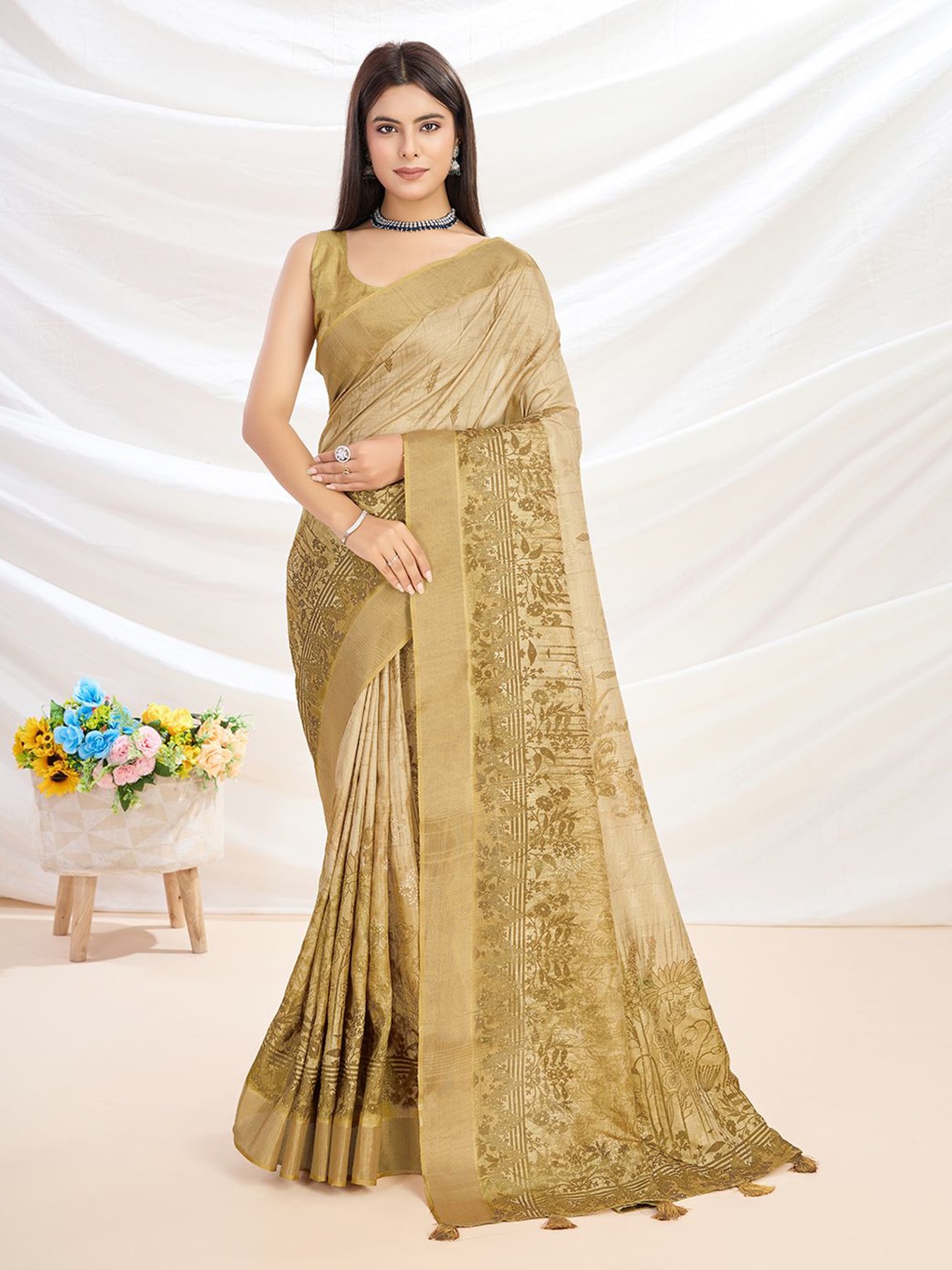 

KALINI Floral Silk Blend Saree, Mustard