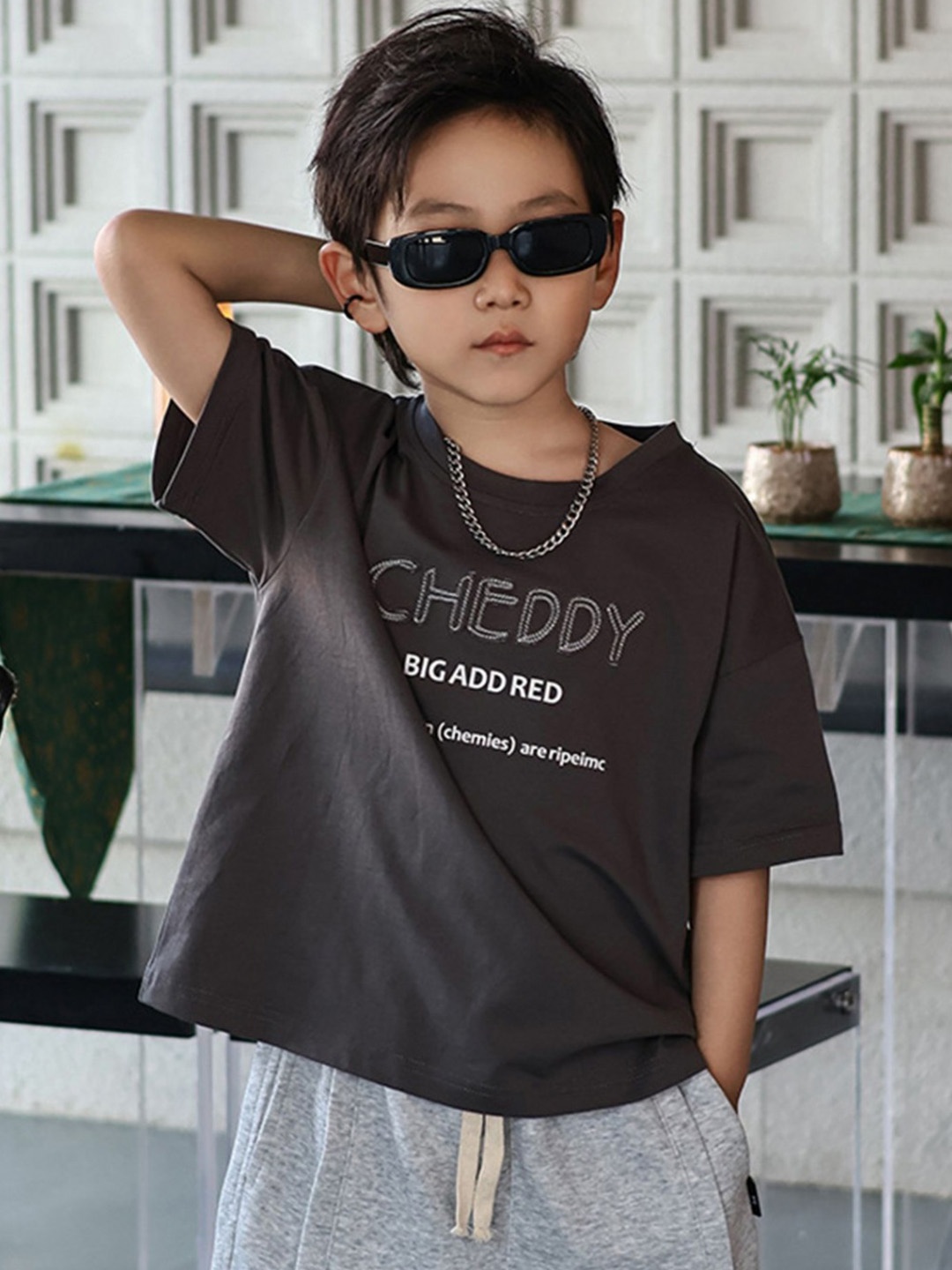 

LULU & SKY Boys Typography Printed Round Neck Cotton Boxy T-shirt, Grey