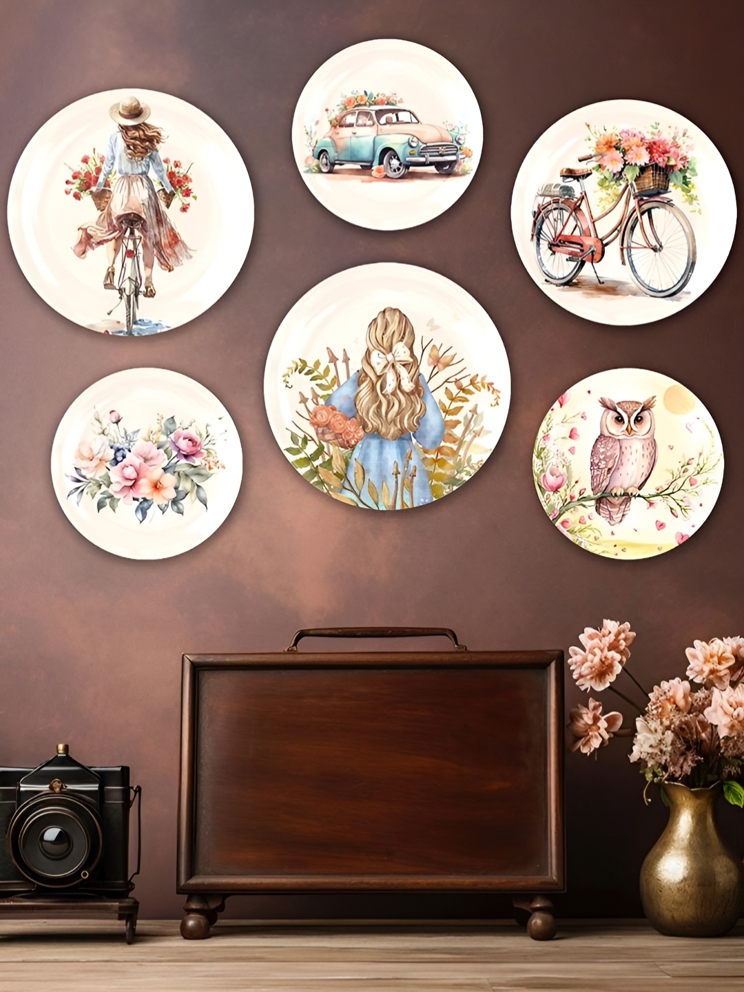 

Homscape Set Of 6 White & Blue Printed Ceramic Wall Plates