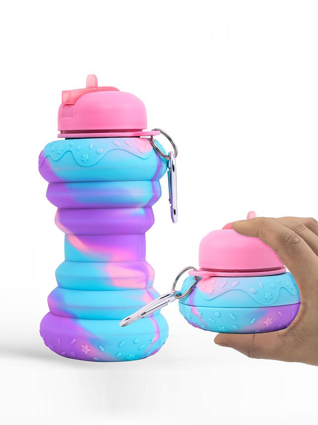 

Kuber Industries Pink & Blue Printed Collapsible Water Bottle With Flip Cap-600 ml Each