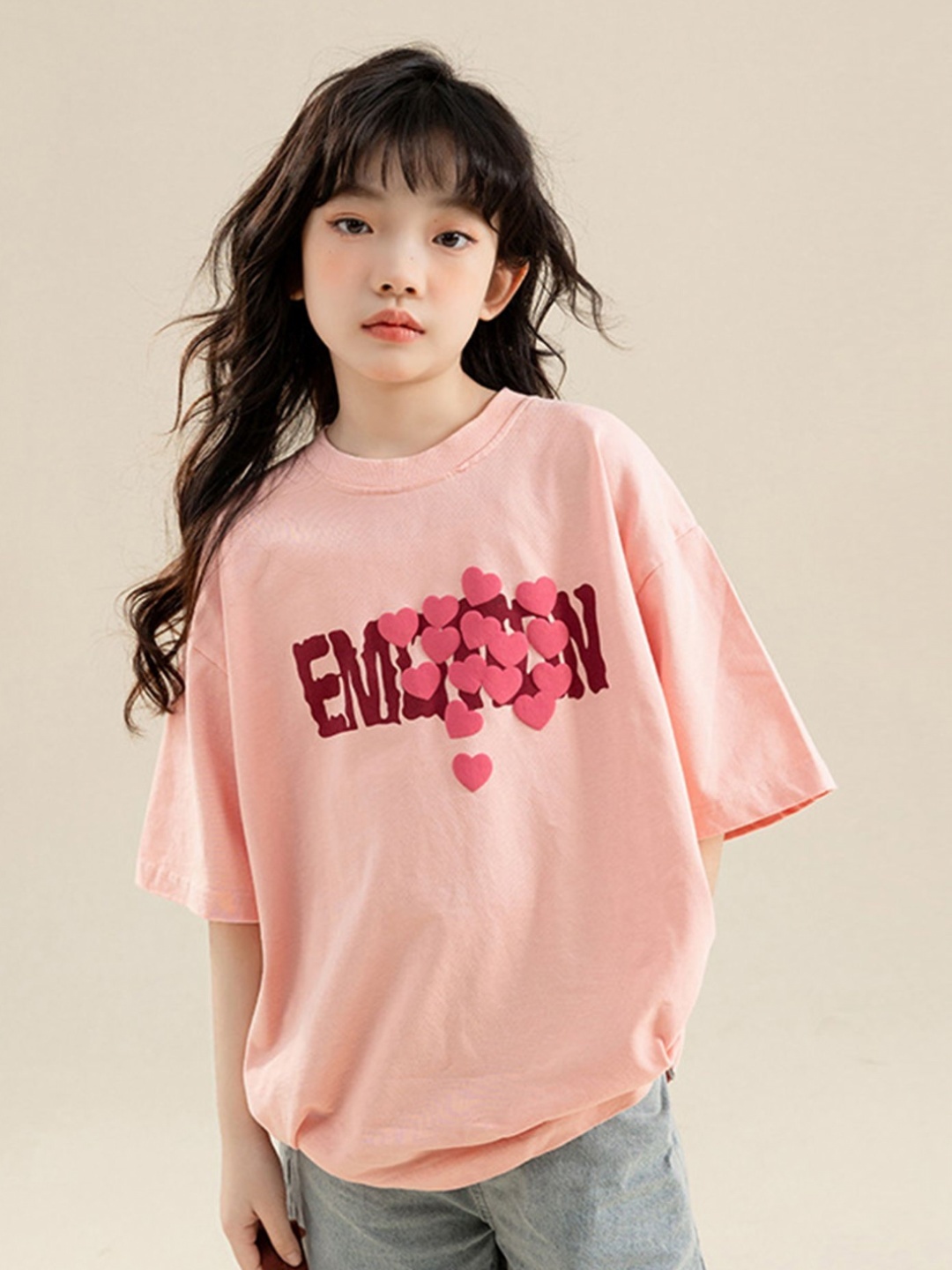 

LULU & SKY Girls Typography Printed Round Neck Cotton Oversized T-shirt, Peach