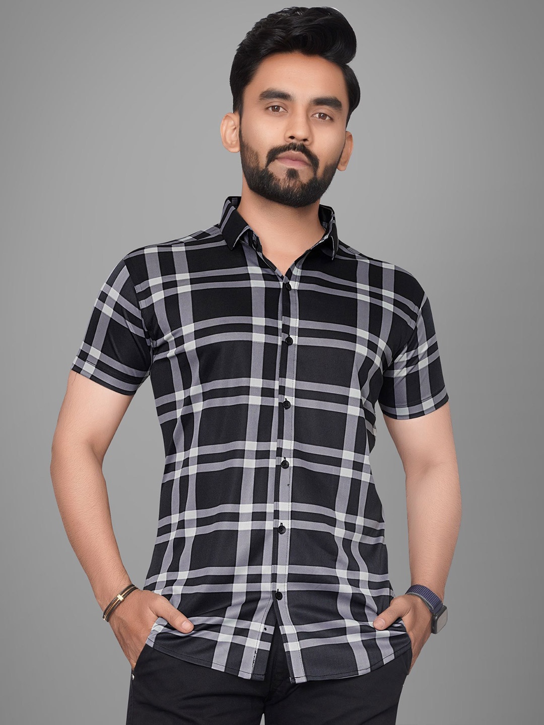 

Metronaut Men Semi Sheer Checked Casual Shirt, Black