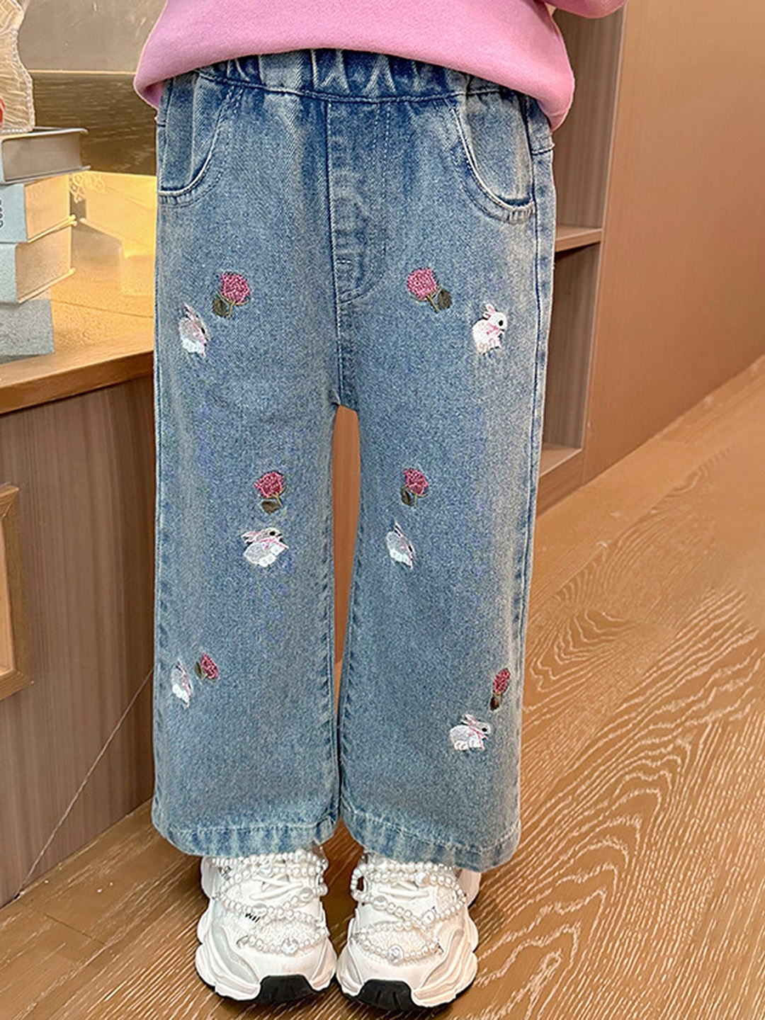 

LULU & SKY Girls Floral Embroidery Heavy Fade Jeans, Blue