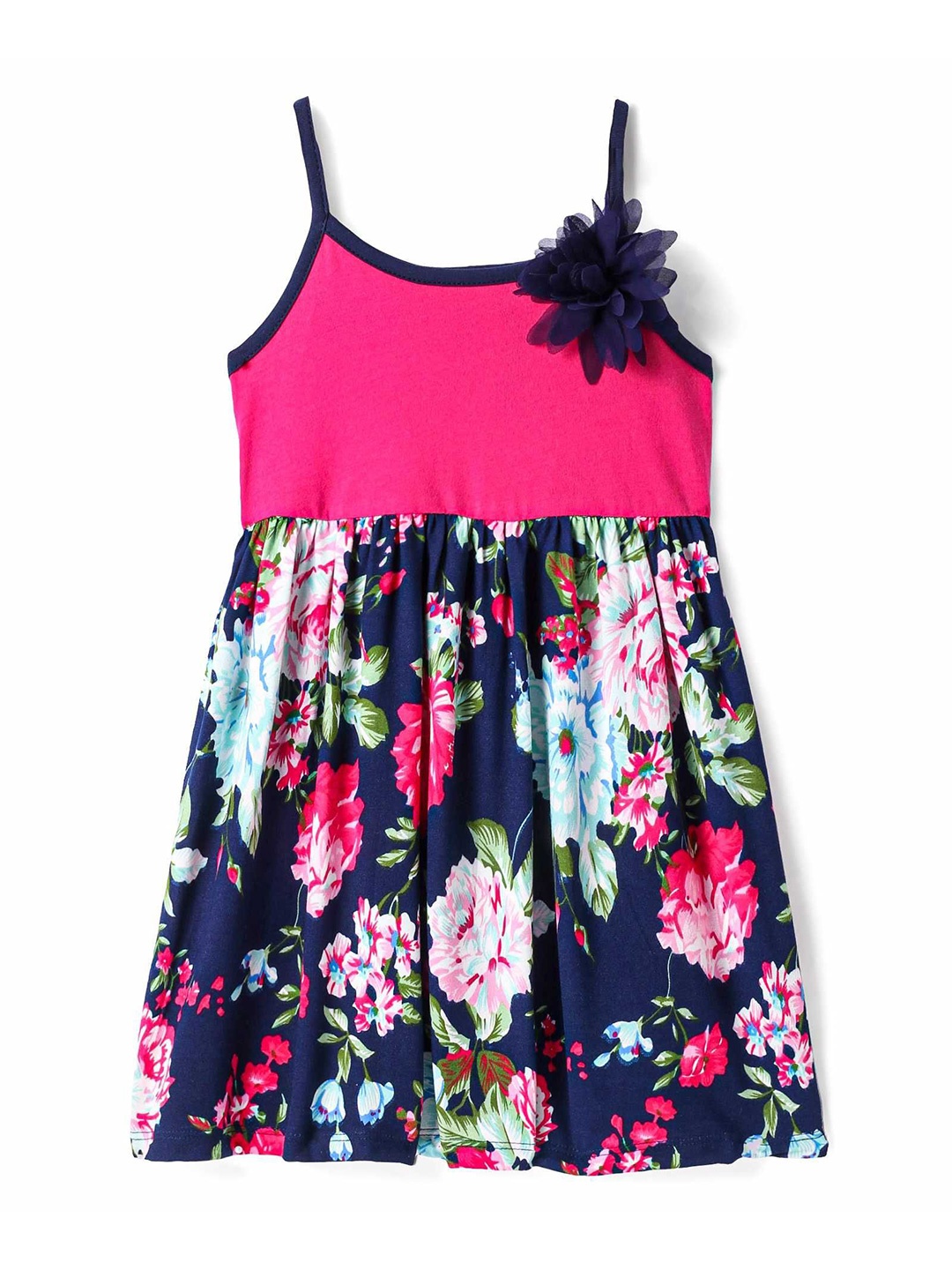 

CrayonFlakes Girls Floral Print Cotton Fit & Flare Dress, Navy blue