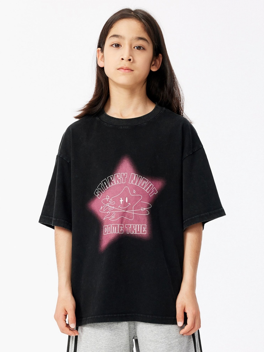 

LULU & SKY Girls Graphic Printed Round Neck Cotton Oversized T-shirt, Black