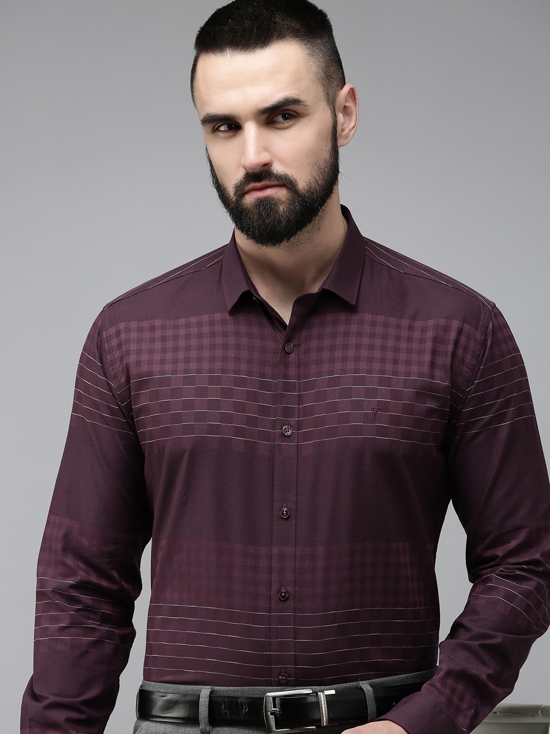 

V Dot Pure Cotton Slim Fit Checked Formal Shirt, Purple