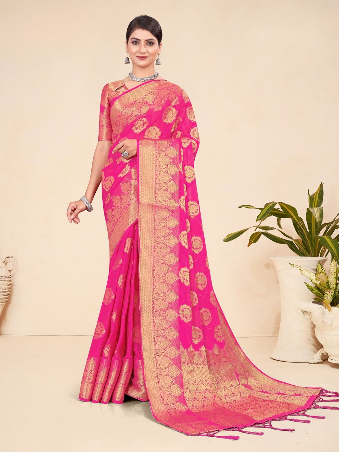 

ODETTE Woven Saree With Unstitched Blouse, Pink