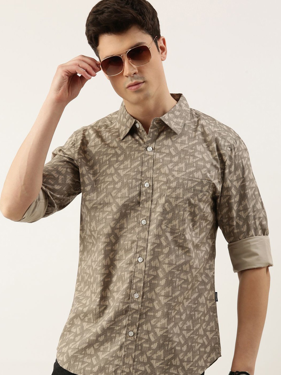 

Provogue Men Spread Collar Geometric Printed Cotton Casual Shirt, Beige