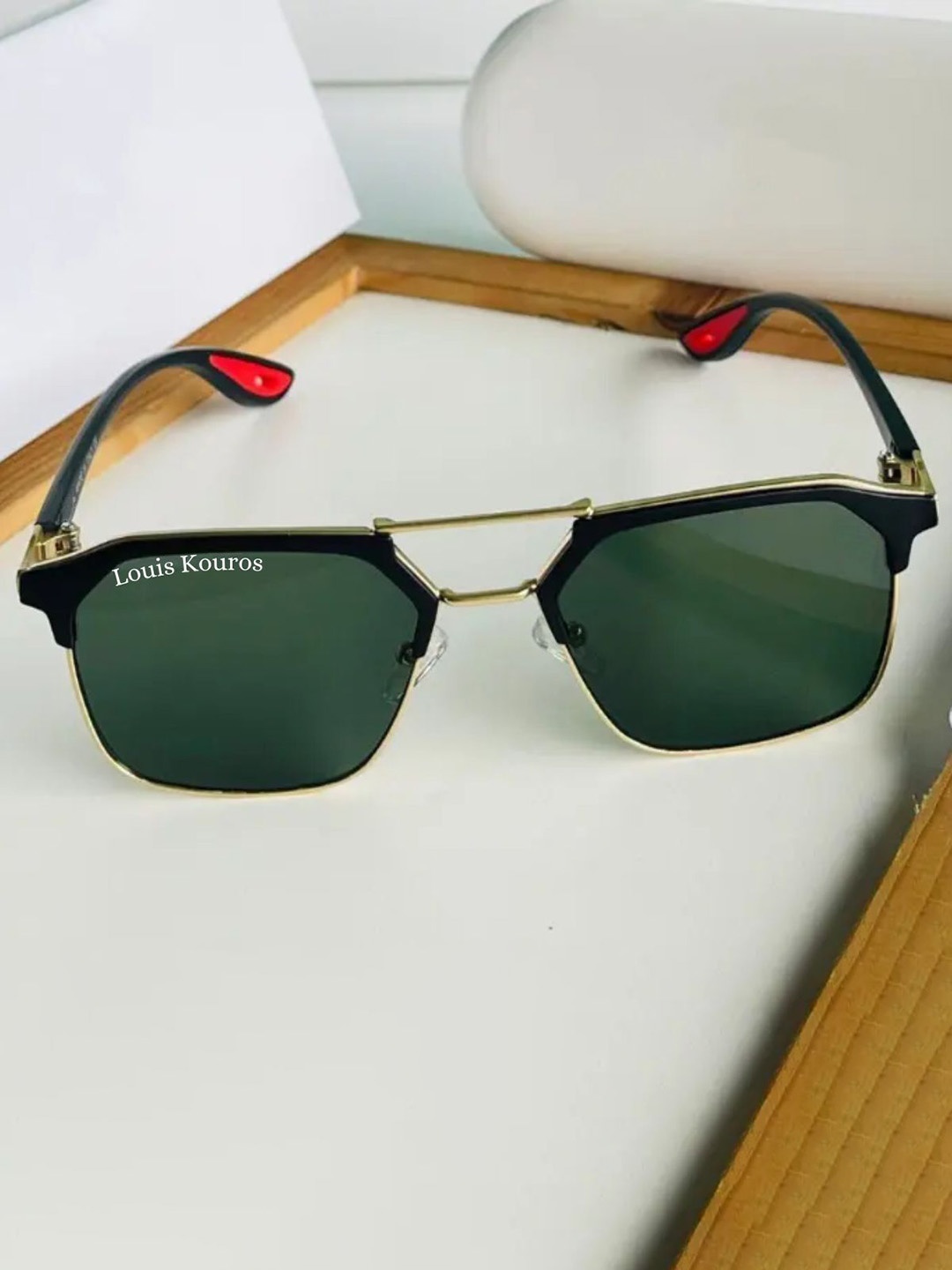 

LOUIS KOUROS Unisex Square Sunglasses UV Protected Lens SUN-LK-2404-GRN1GLD-BLK-P, Green