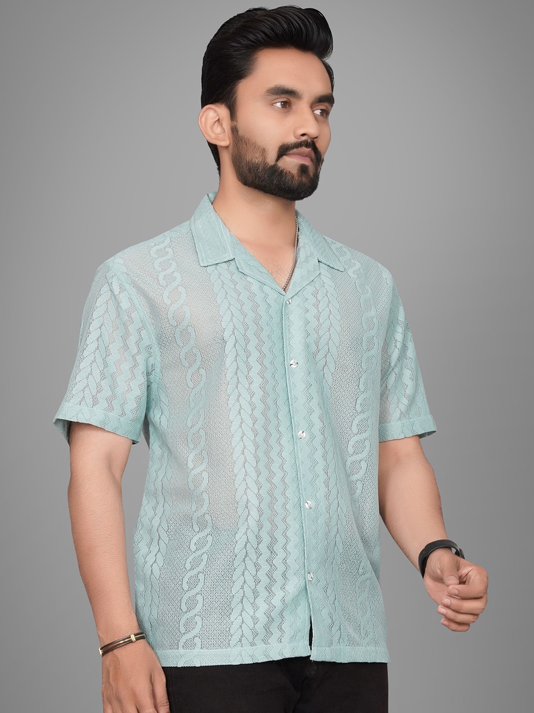 

Metronaut Men Regular Fit Cuban Collar Textured Casual Shirt, Fluorescent green