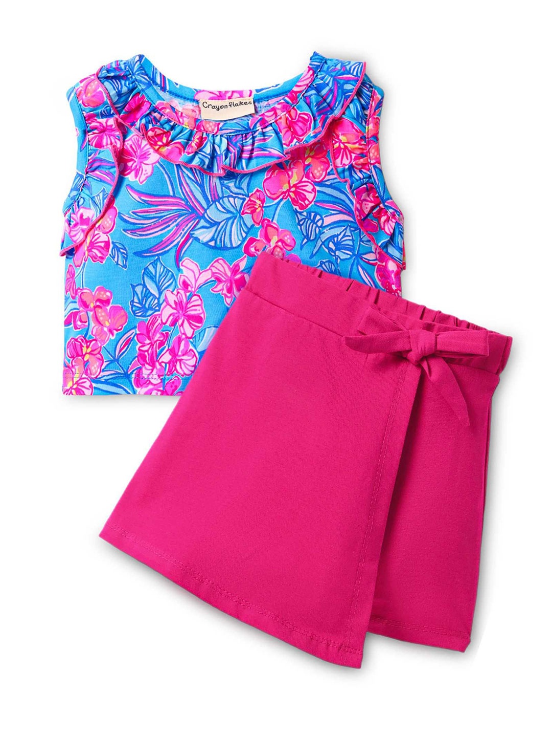

CrayonFlakes Girls Printed Round Neck Pure Cotton Top With Skorts, Pink