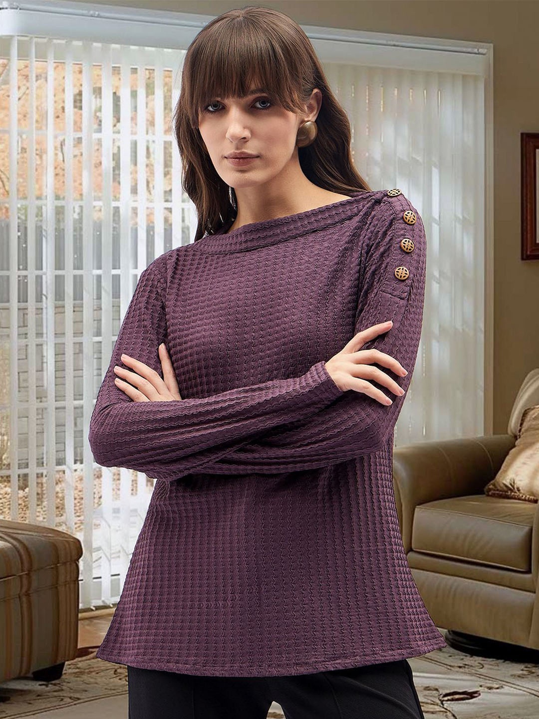 

DressBerry Self Design Boat Neck Top, Purple
