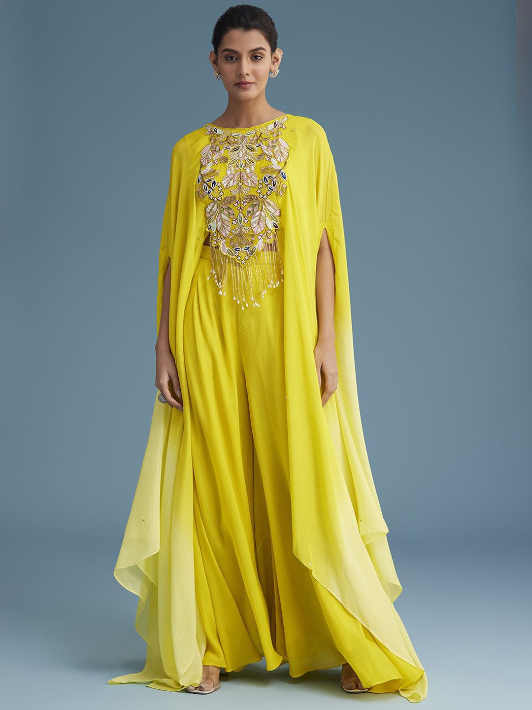 

KALKI Fashion Floral Embroidered Sequinned Georgette Top With Palazzos, Yellow