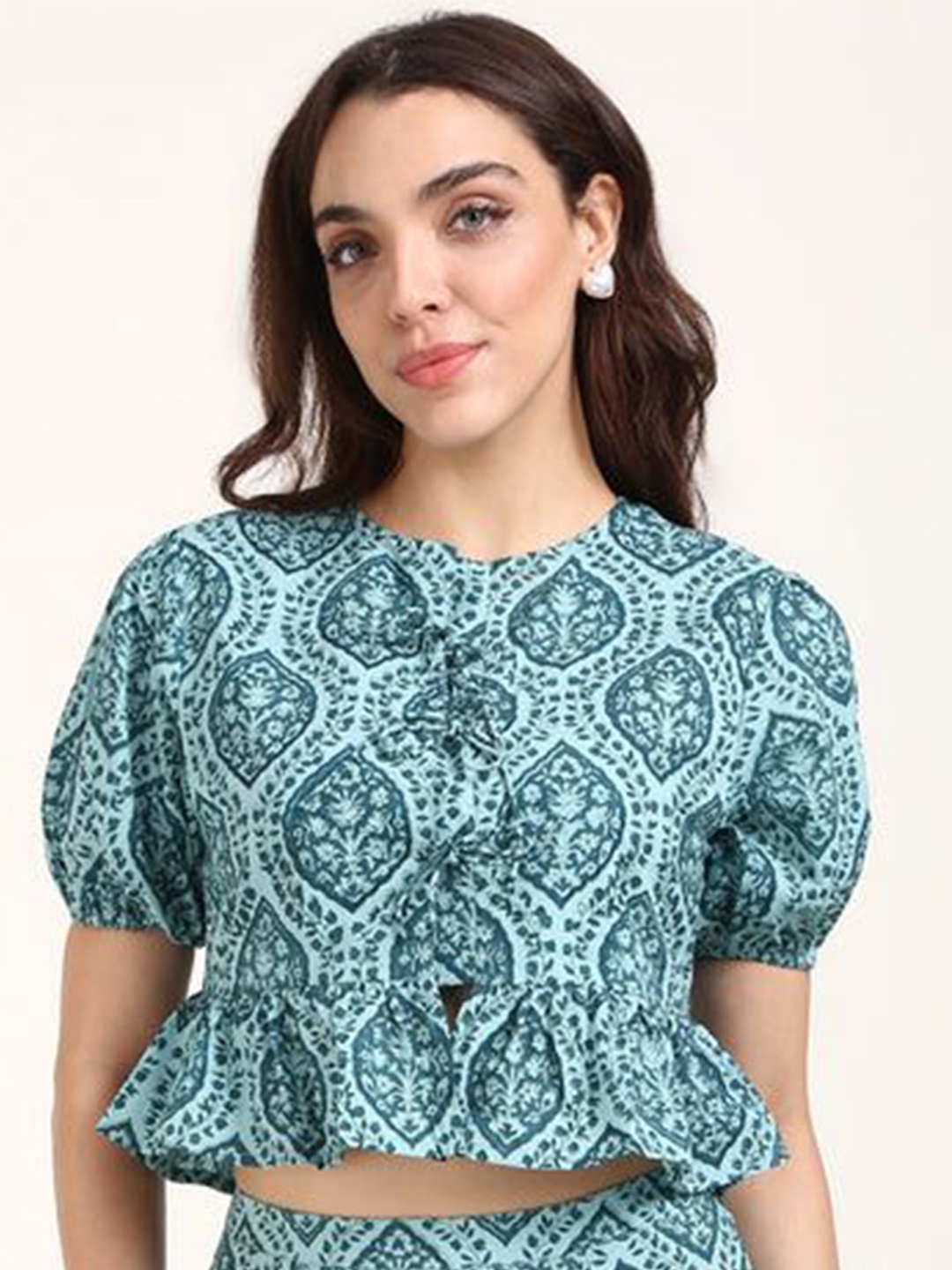 

Virgio Women Neelmaya A Teal Garden Jaipur Hand Block Print Front-Tie Top