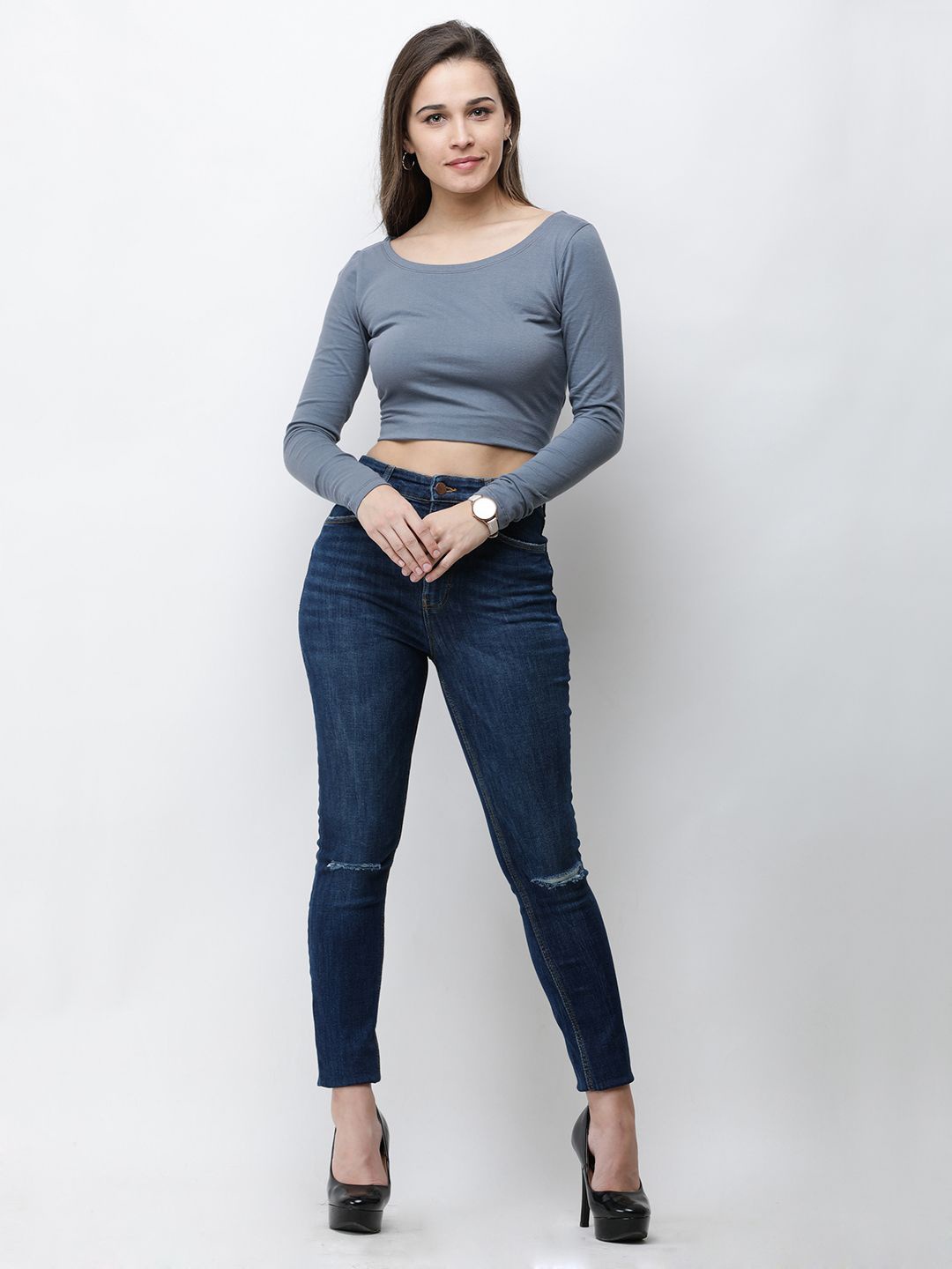 

Moda Rapido Women Round Neck Pure Cotton Fitted Crop Top, Grey
