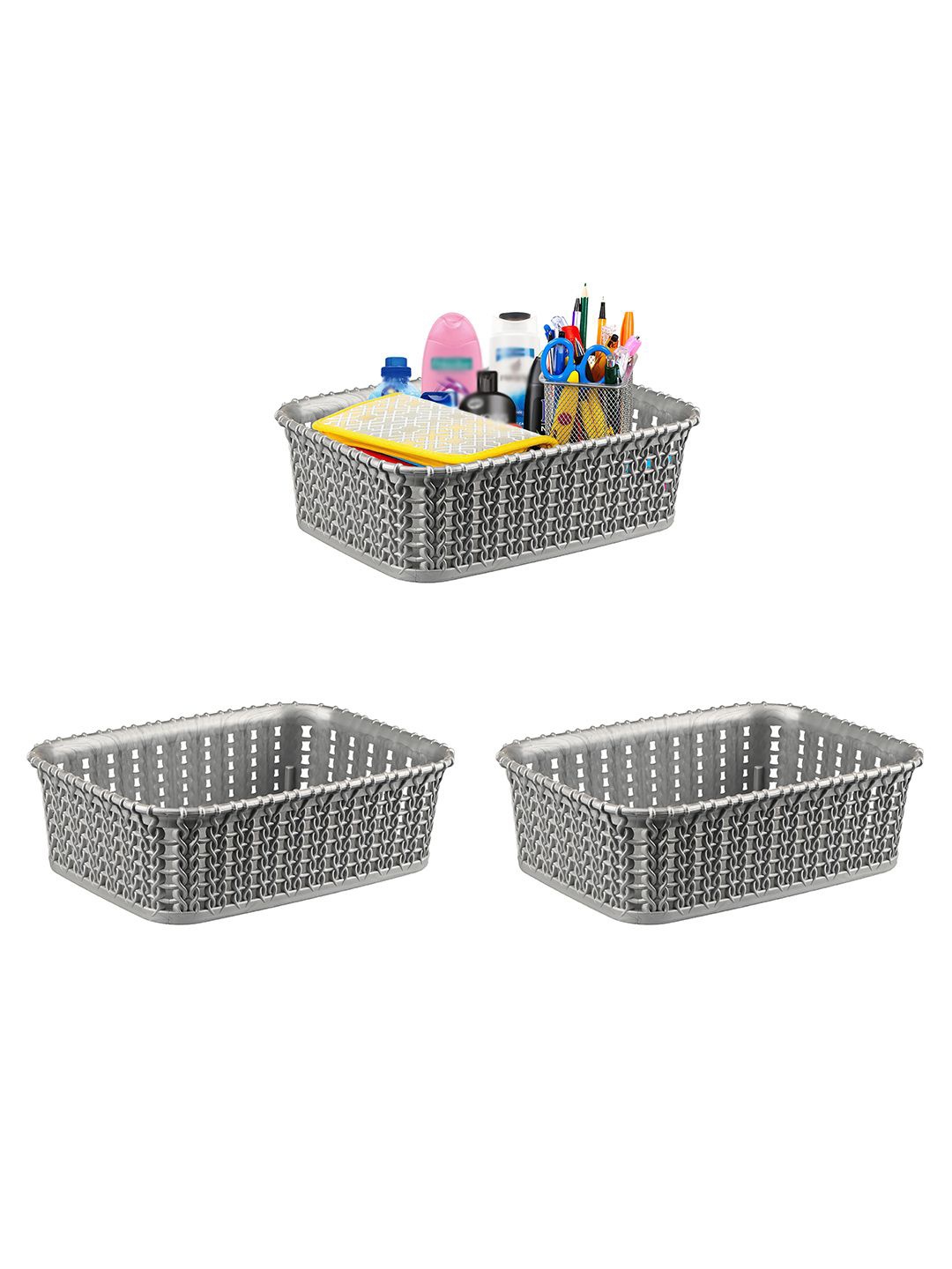 

Kuber Industries Grey Self Design Pack of 3 Multi-Purpose Basket For Storage