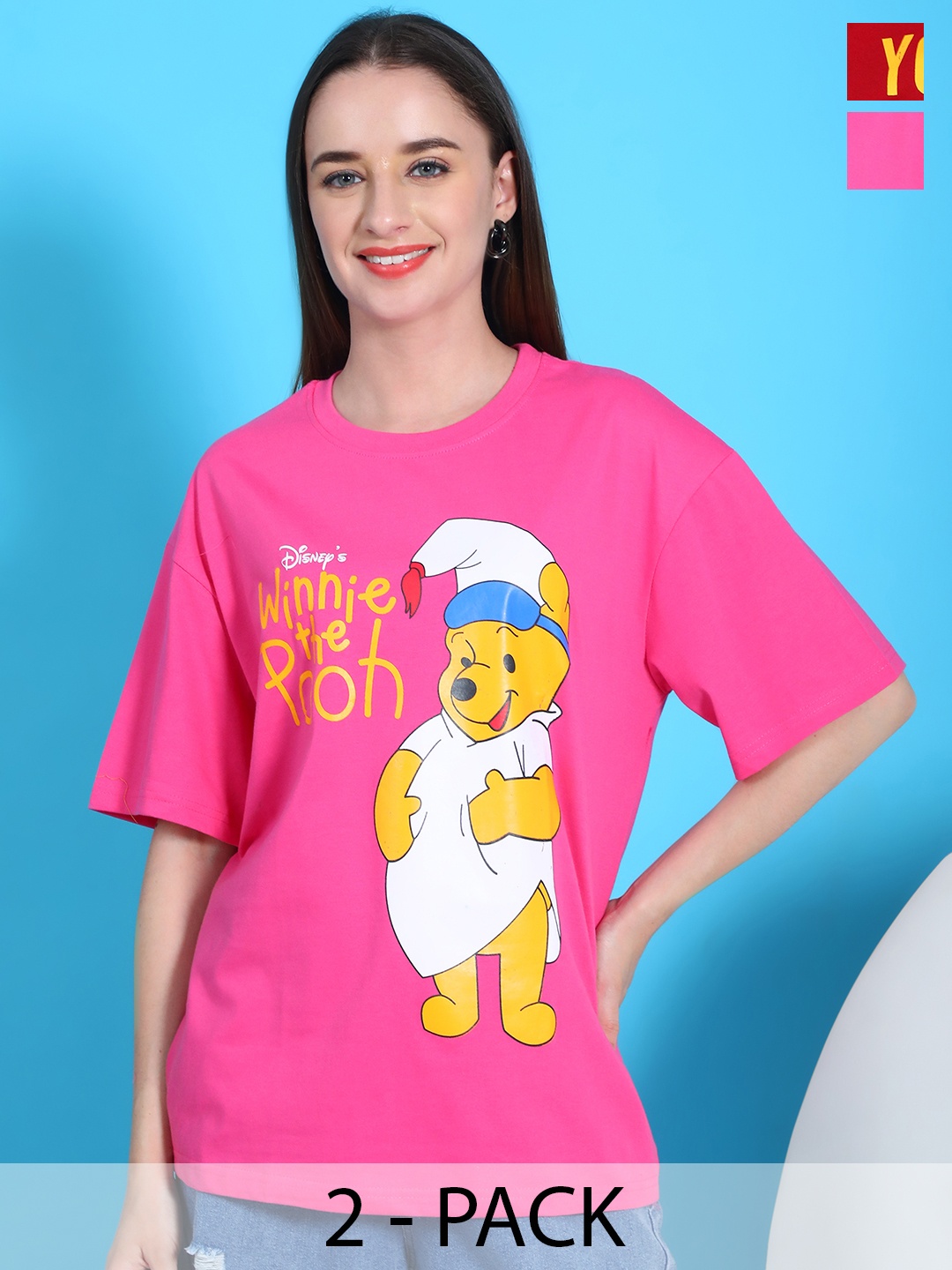 

Dreambe Women Pack Of 2 Winnie The Pooh Fusion Graphic Printed Cotton Oversized T-shirts, Pink