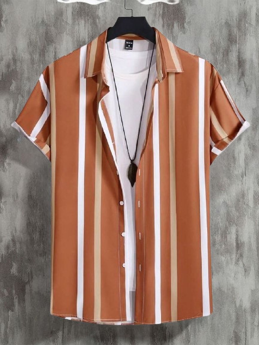 

iCome Men Spread Collar Vertical Striped Casual Shirt, Beige