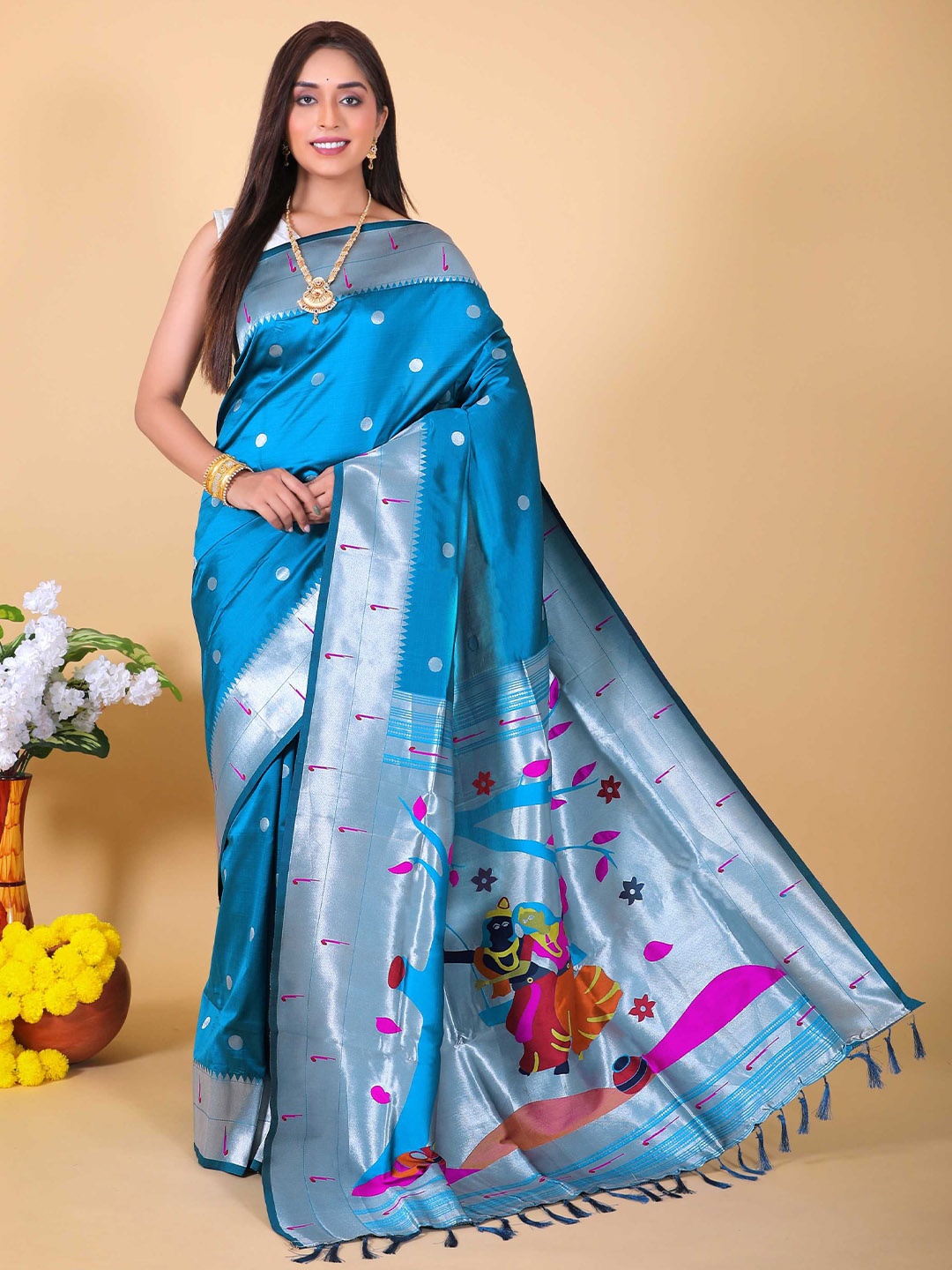 

DIVASTRI Woven Design Zari Silk Blend Paithani Saree, Blue