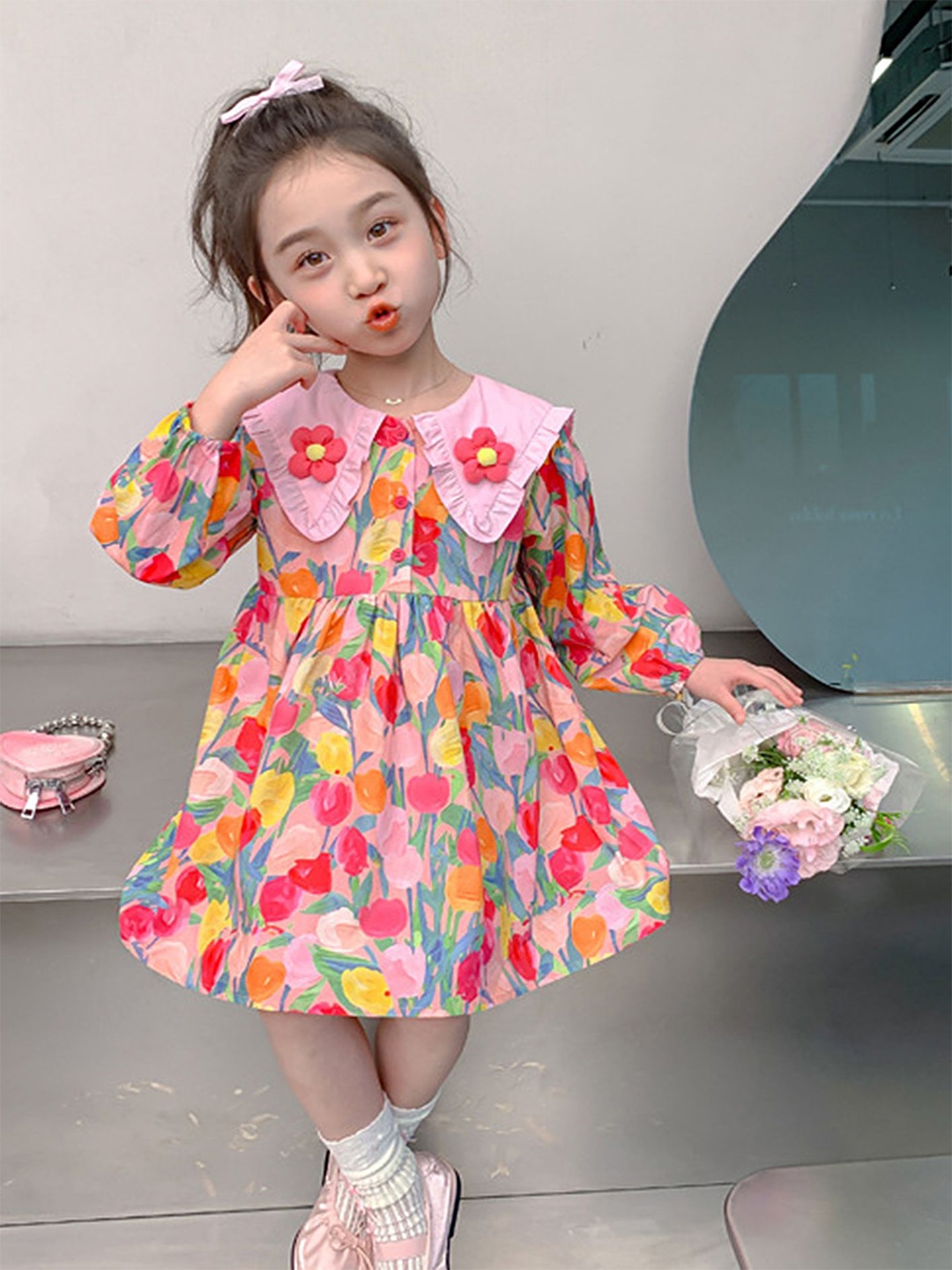 

LULU & SKY Girls Floral Print Flared Sleeve Fit & Flare Dress, Pink