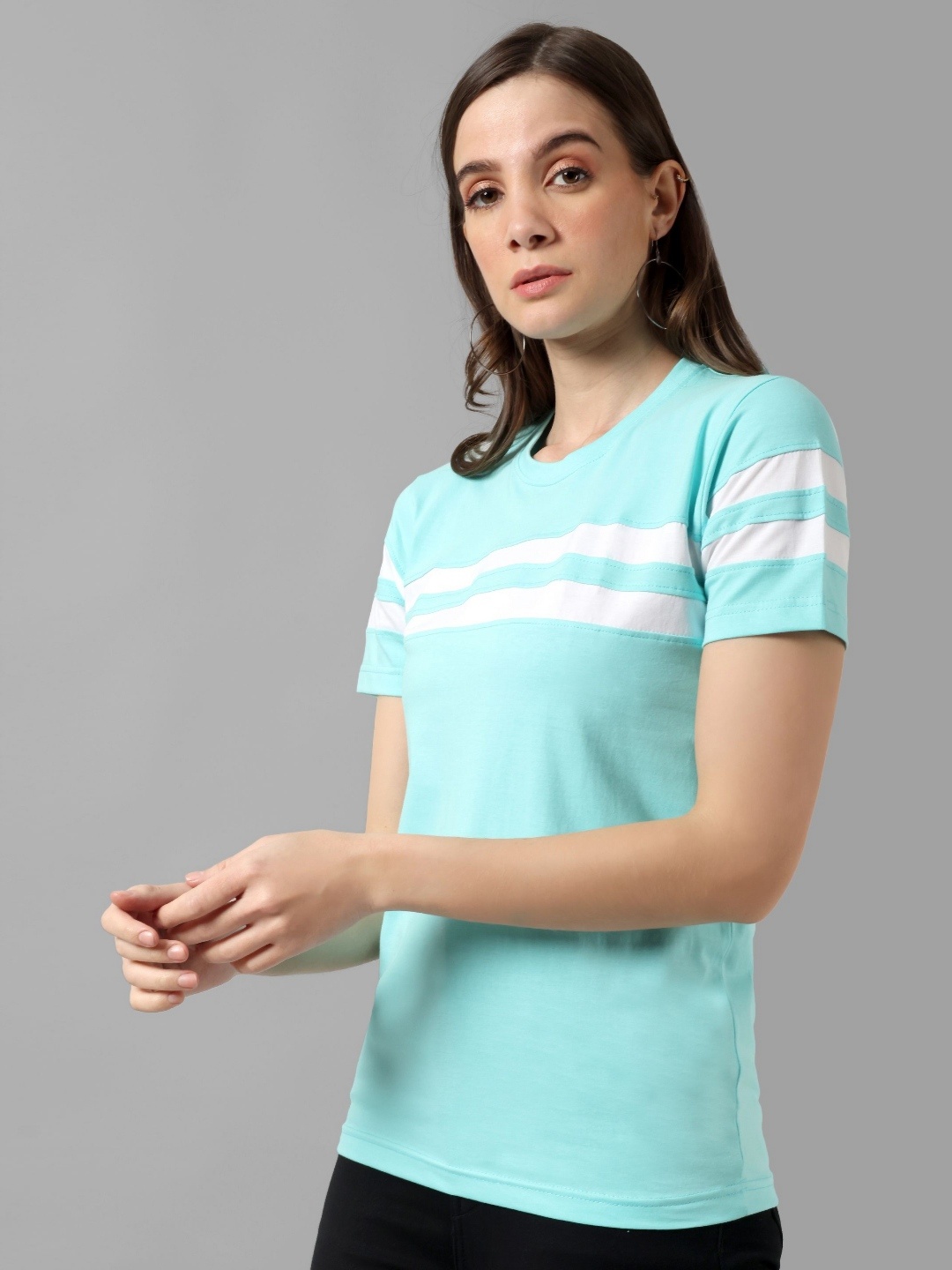 

Metronaut Women Striped T-shirt, Turquoise blue