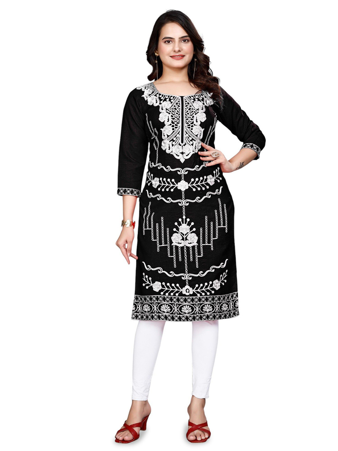 

SPECKLESS Floral Embroidered Cotton Straight Kurta, Black