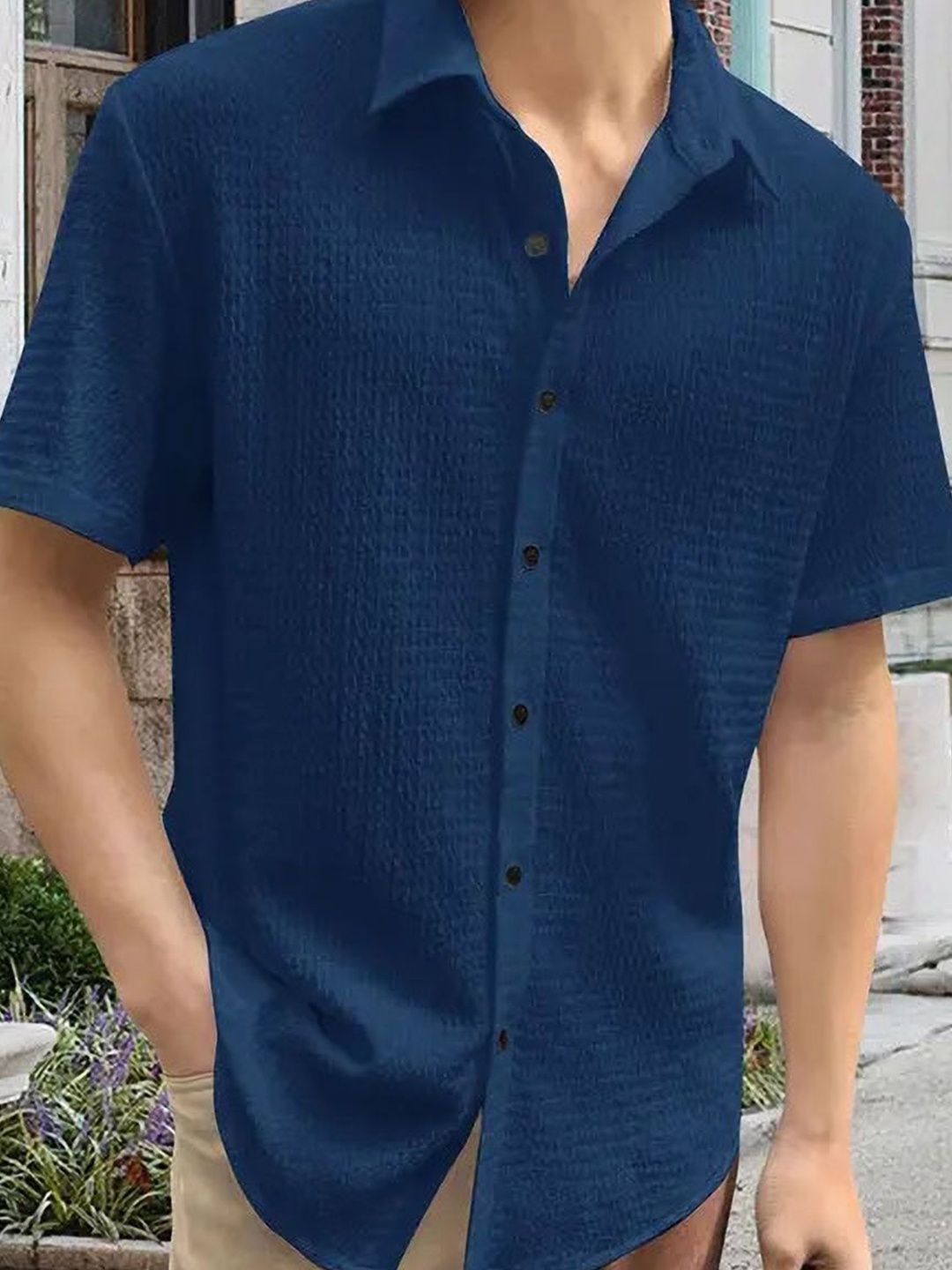 

iCome Men Spread Collar Textured Casual Shirt, Navy blue