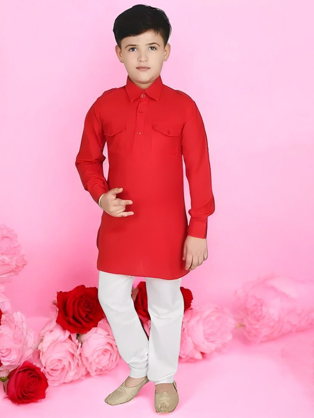 

Qtsy Boys Shirt Collar Pure Cotton Pathani Kurta With Pyjamas, Red